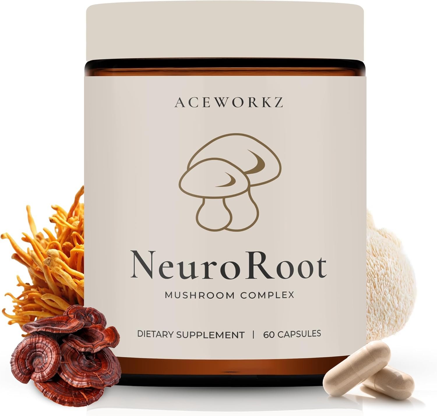 NeuroRoot Organic Mushroom Supplement – Lion’s Mane Reishi Cordyceps 10 Mushroom Blend – 10:1 Fruiting Body Extract – Memory Focus Immune Support – BioPerine® Enhanced Absorption (60 Capsules)