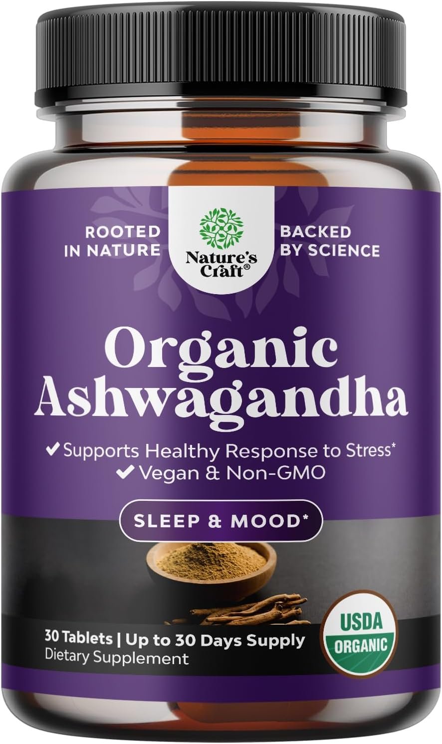 High Strength Organic Ashwagandha Supplements – Ashwagandha Organic Tablets for Mood Support & Hormone Balance for Women & Men – Root Extract Powder with Black Pepper for Better Absorption – 30 Ct