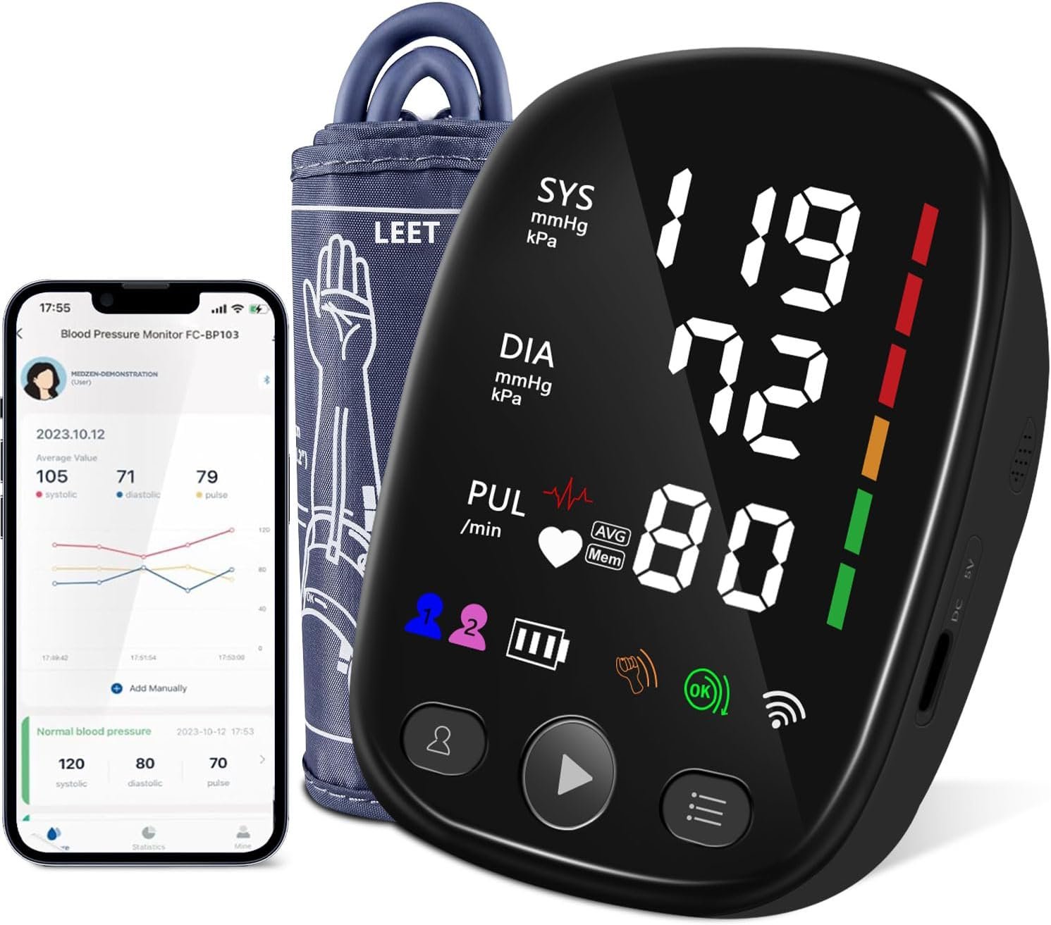 Bluetooth Automatic Blood Pressure Monitor for Home Use – with Adjustable Upper Arm Large Cuff (8.7″-17.3″), App Tracking, LED Display 2 Users 240 Sets Memory, Hypertension Detector