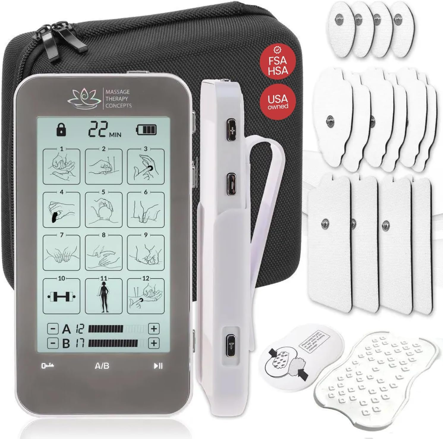 Massage Therapy Concepts TENS Unit Muscle Stimulator for PainRelief – Professional Dual Therapy Machine with 12 Modes and 20 Levels – Complete Accessory Set for Back and Neck Pain