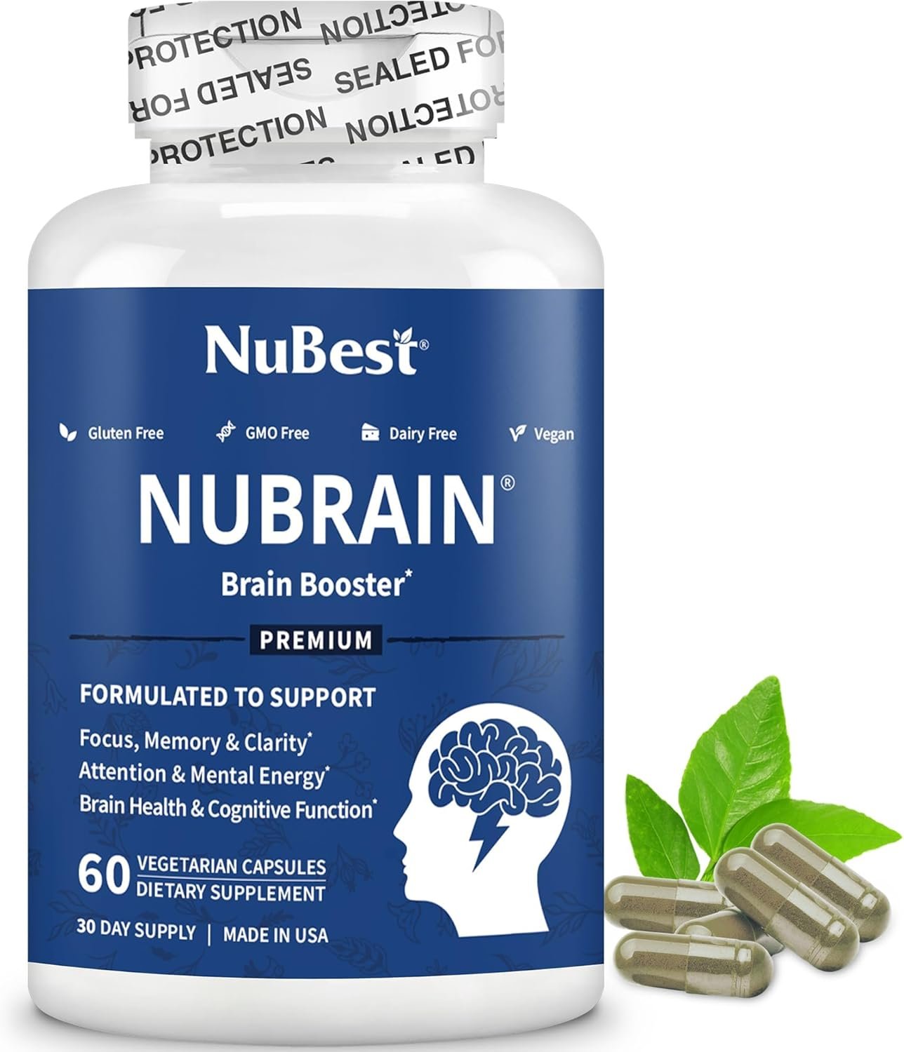 NuBrain Booster – Brain Supplement for Brain Booster, Memory, Focus & Clarity Support with St. John’s Wort, Ginkgo Biloba, Bacopa & More – 60 Vegan Capsules | 1 Month Supply