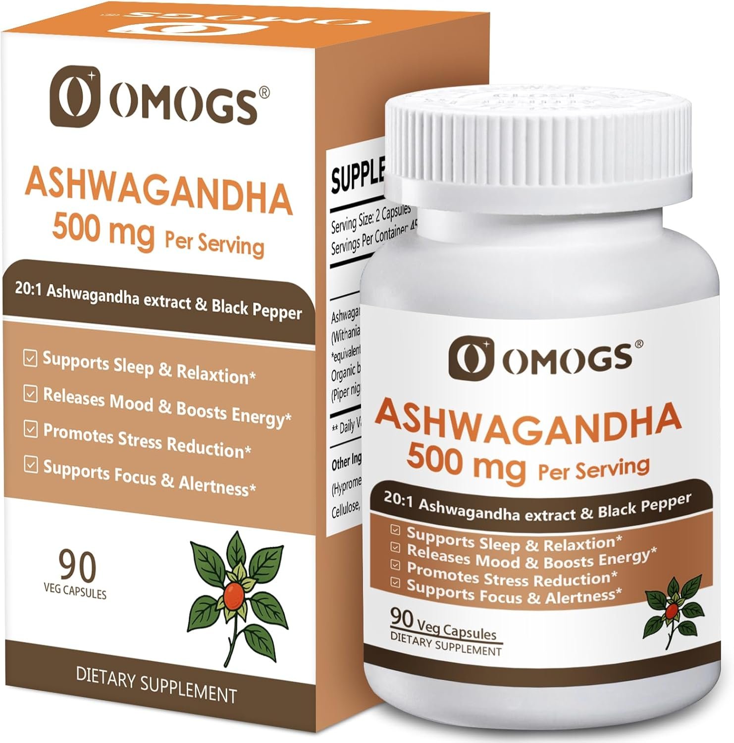 OMOGS Organic Ashwagandha, Pure Herb Extract, Added Black Pepper, High Absorption, for Boosts Energy, Sleep, Focus, Stress Relief.& Immune Support, Non-GMO, 90 Vegetable Capsules