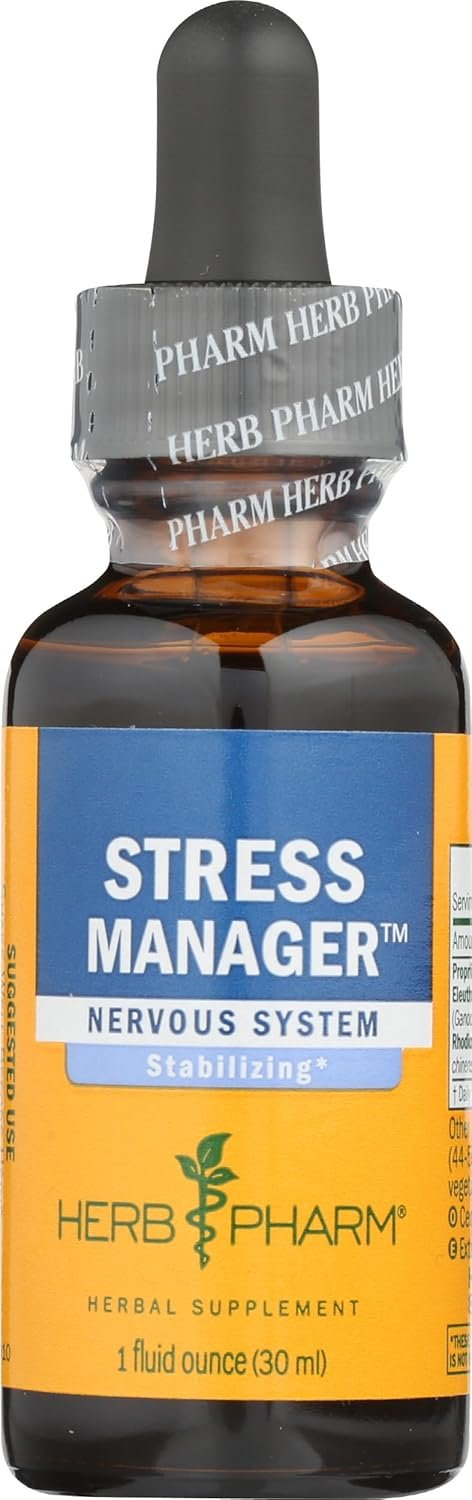Herb Pharm Stress Manager: Adaptogenic Stress Support Tincture, Rhodiola Rosea, Holy Basil Extract, Reishi Mushroom Extract, Adrenal Function Support, Optimal Energy, Vegan, Non-GMO, 1 Oz