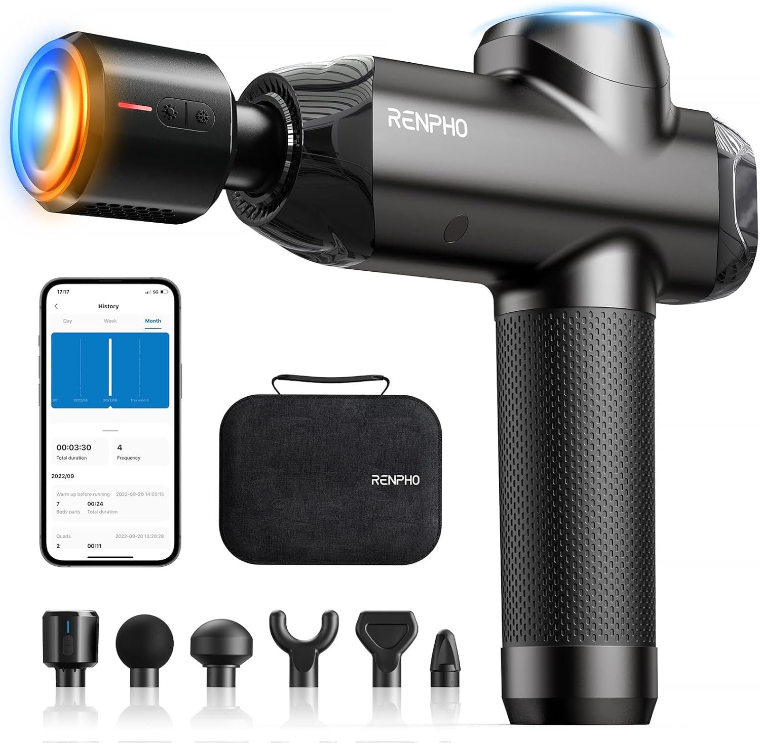 RENPHO Power+ Thermacool Massage Gun with Heat and Cold, Fathers Day Dad Gifts, 12mm Amplitude Deep Tissue Percussion Massager for Professional Athletes, App Controlled Guided Courses, 6 Speeds