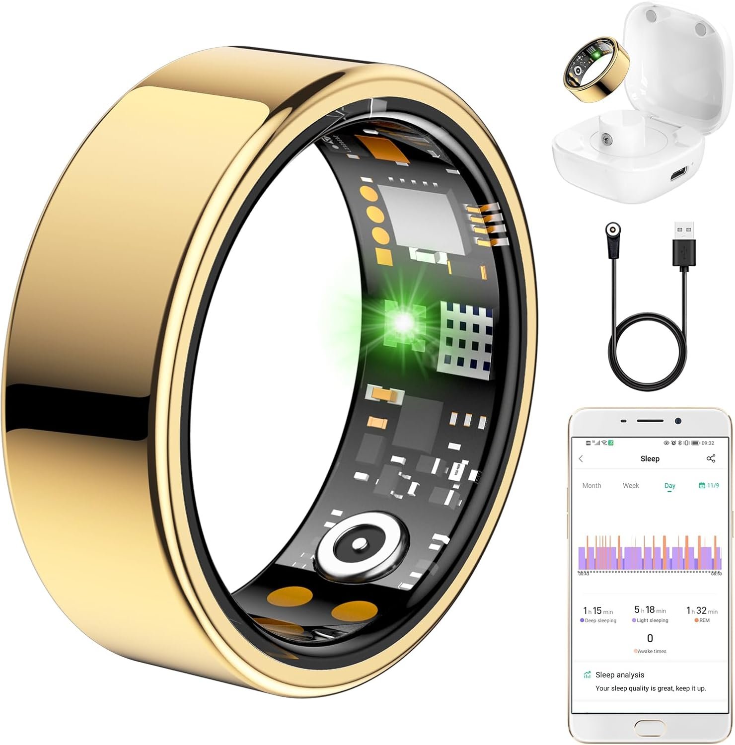 Ring Health Tracker for Women Men, Fitness Ring with Heart Rate,Blood Oxygen,Sleep Monitor,Calories, Step Counter, IP68 Waterproof Smart Ring for iPhone & Android, No Subscription Fee (Gold, 12#)