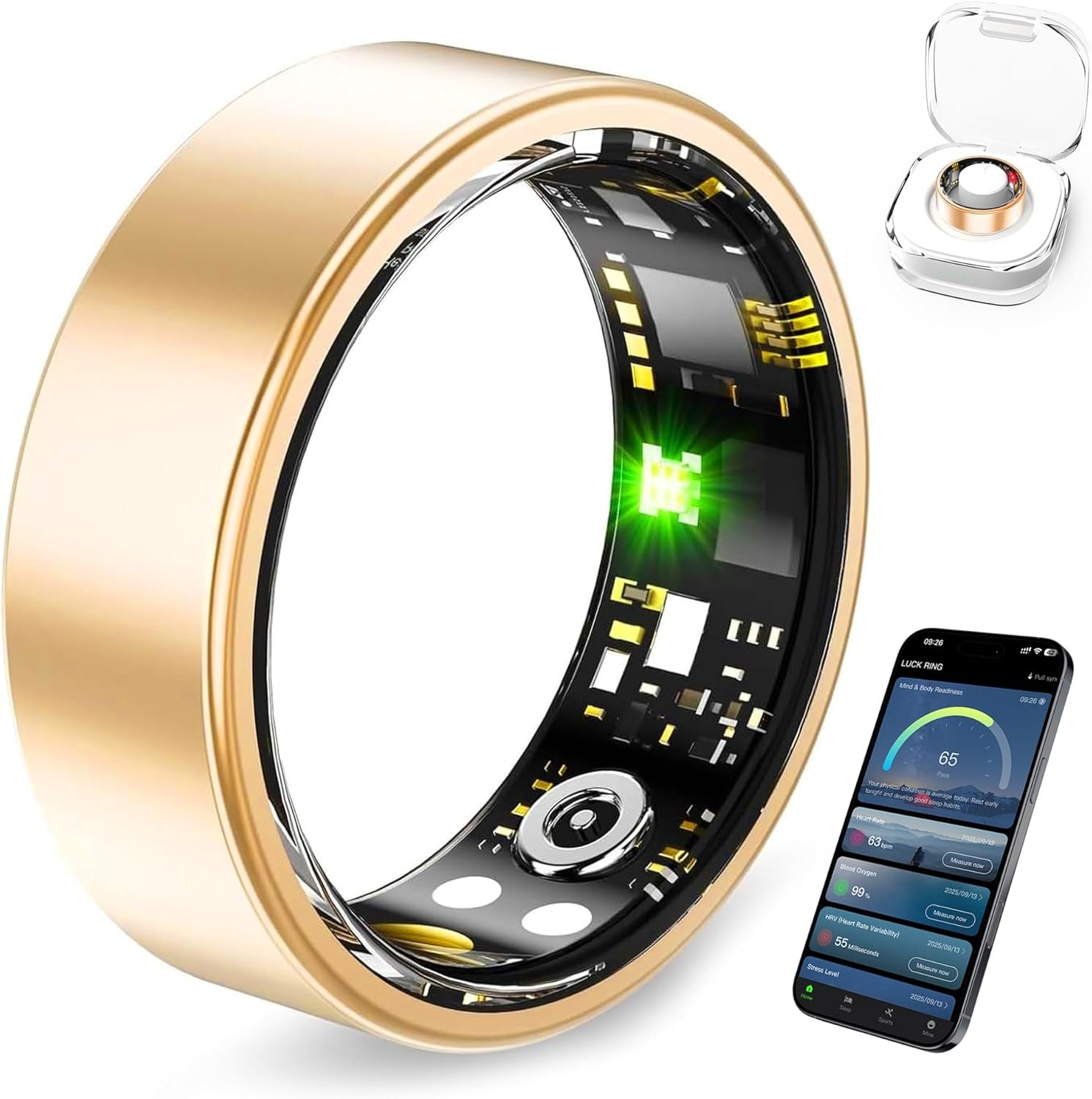 Smart Ring Health Tracker for Women and Men, Fitness Ring with Heart Rate, Blood Oxygen, HRV, Sleep & Step Tracking, No Subscription, IP68 Waterproof, Compatible with iOS & Android (Gold, 8)