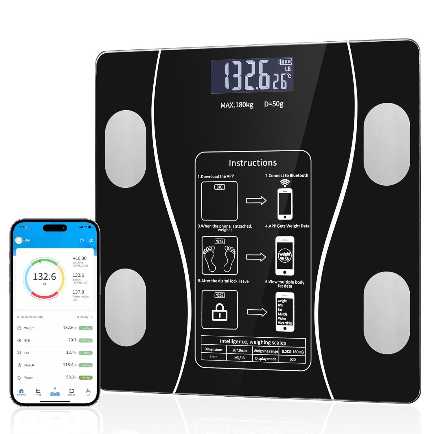 Bluetooth Smart Scale for Body Weight, Bluetooth Smart Scale for Body Weight, Fat, Muscle & BMI | Comprehensive Health Metrics with Effortless Fitness App Sync [Black]