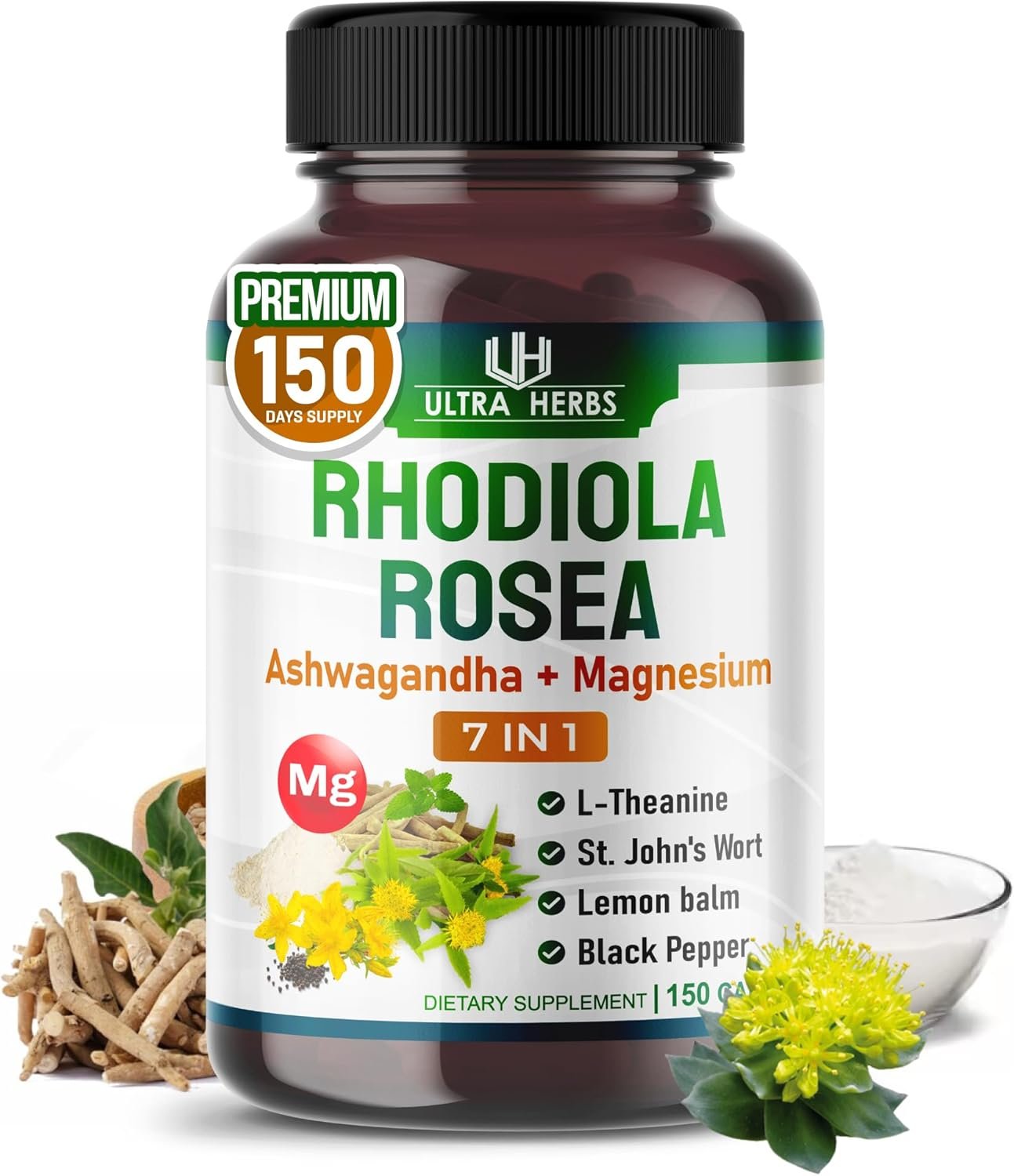 Rhodiola Rosea Supplement Enriched with Ashwagandha, Magnesium, L-Theanine, St. John’s Wort, Lemon Balm – Support Mood, Sleeps Quality, and Mental Focus | 150 Capsules