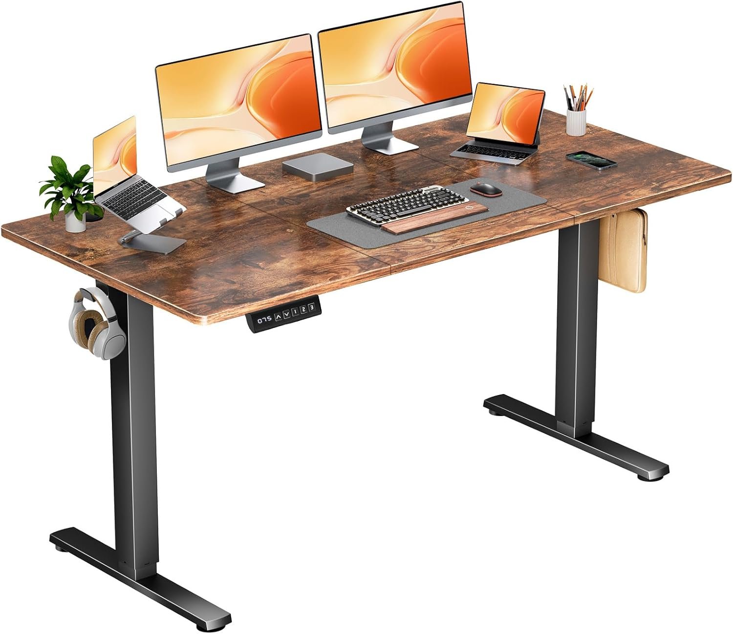 63 Inch Electric Standing Desk, Height Adjustable Sit Stand Up Desk, Computer Workstation Home Office Gaming Rising Table with Memory Preset Splice Board, Rustic Brown