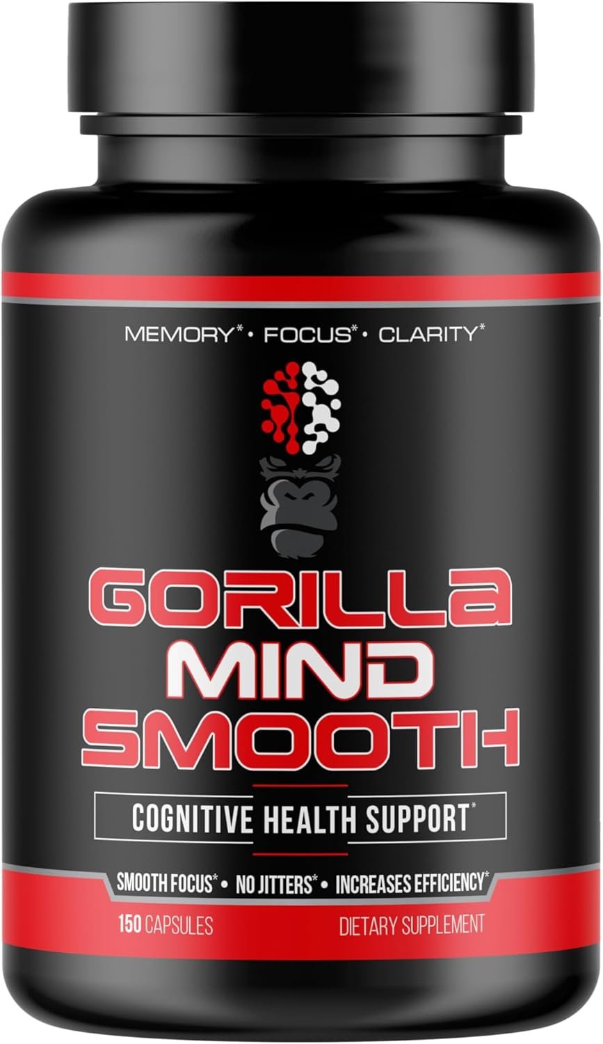Gorilla Mind Smooth Nootropic Formula – Best Non-Stimulant Productivity Supplement/Memory · Focus · Mental Clarity · No Jitters / 150 Capsules