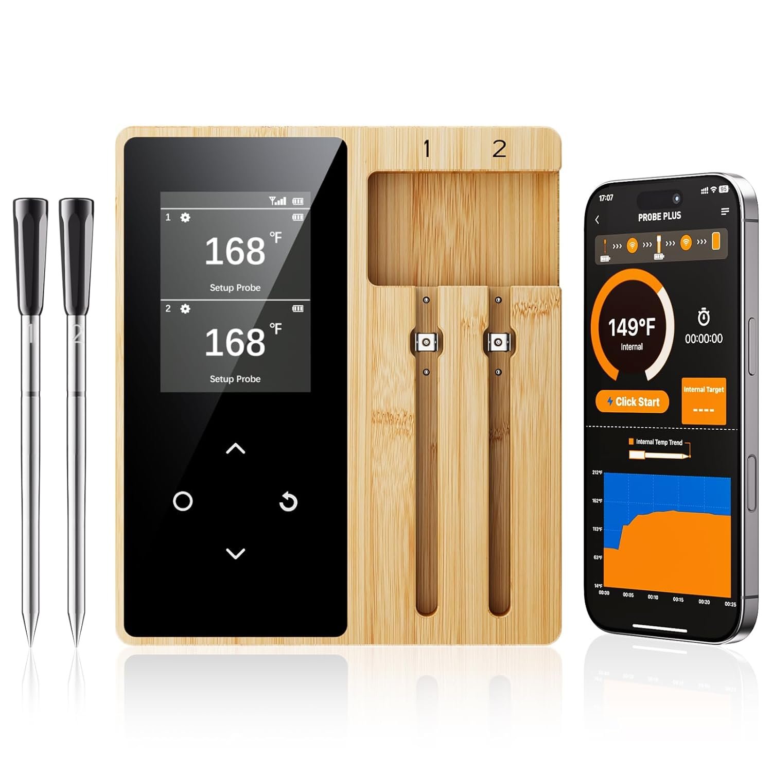 Newise Wireless Meat Thermometer Digital with 2 Probes, Long Range Bluetooth Food Thermometer with Smart APP Alerts for Cooking, Grill, AirFryer