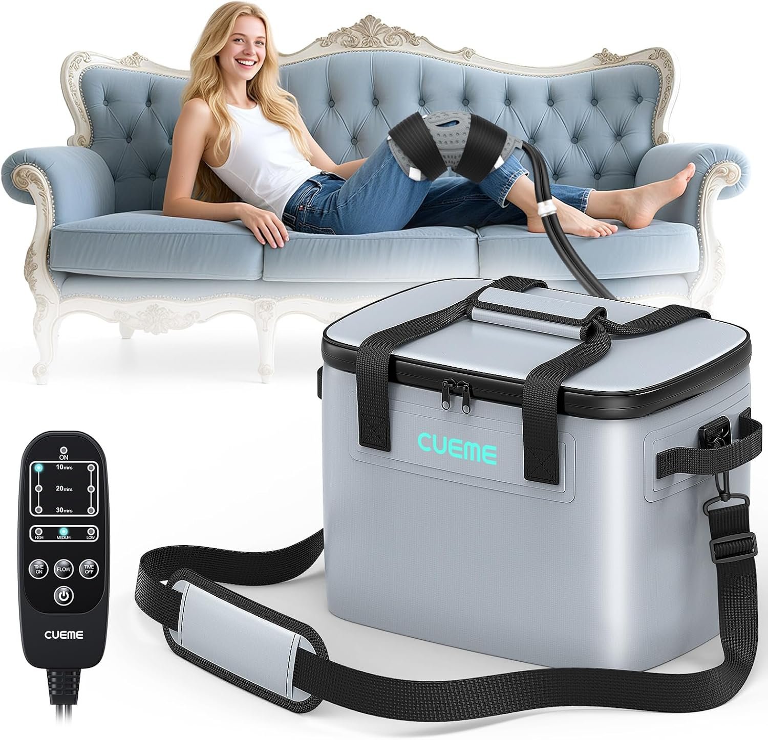 CUEME Ice Machine for Knee After Surgery, Programmable Timer Cold Therapy Machine for Knee Replacement, Cryotherapy Pain Relief, w/Compression Pad, Ice Therapy Machine for Shoulder/Hip/Ankle/Foot