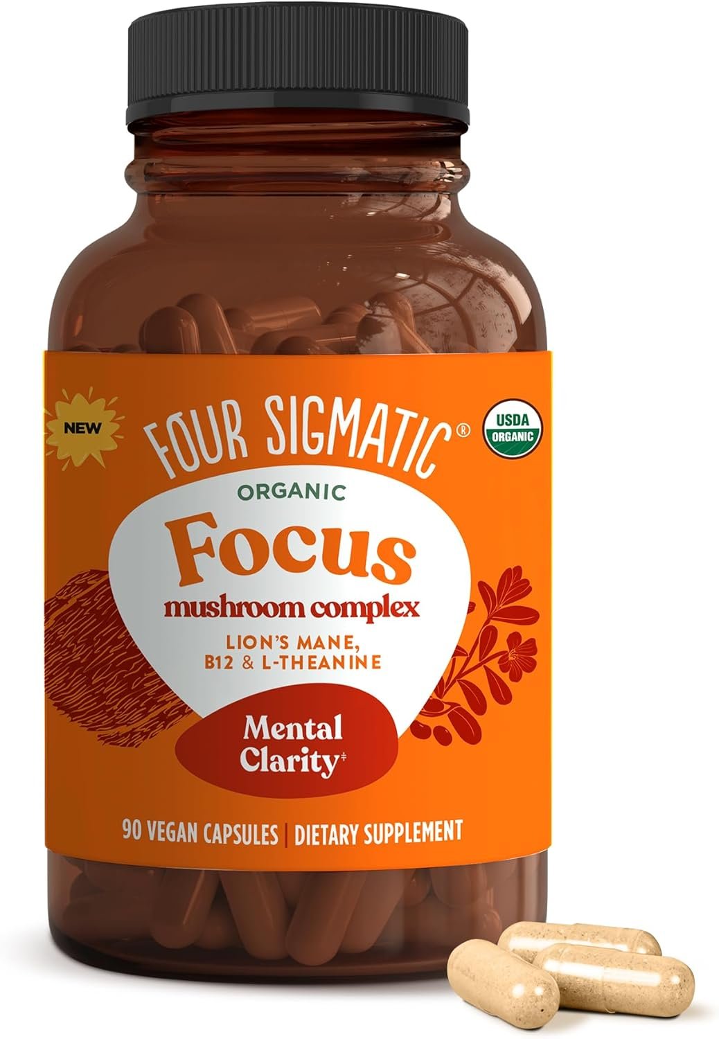 Four Sigmatic Focus Capsules | Lion’s Mane Supplement Capsules | Brain Boosting Complex with Ashwagandha, Bacopa Monnieri & Rhodiola | Vegan Nootropic Adaptogen & Mushroom Supplement | 30 Servings