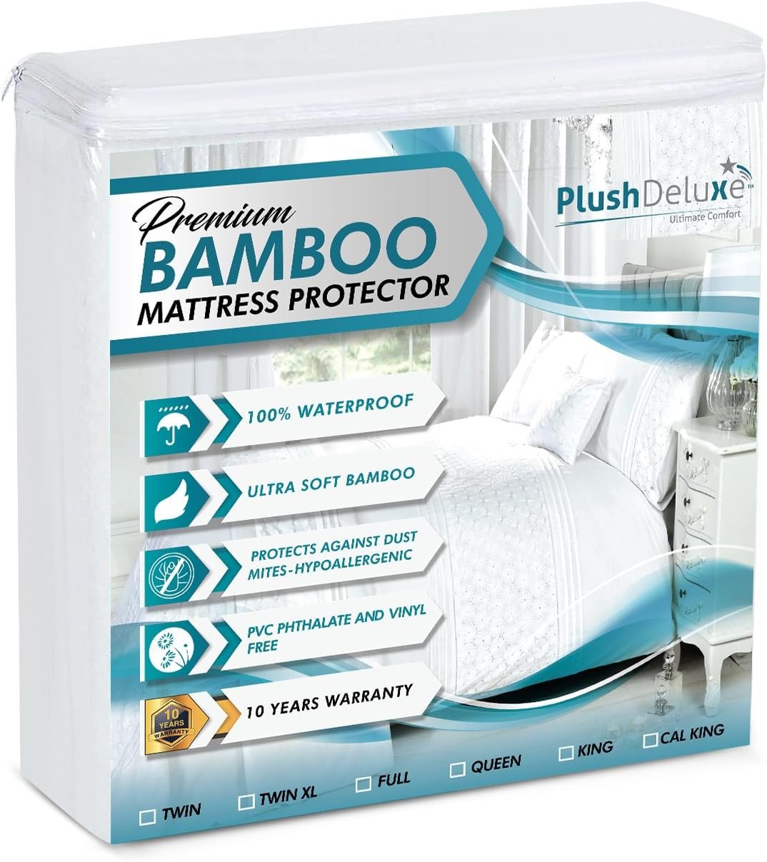 PlushDeluxe Premium Bamboo Mattress Protector – Queen Size, Waterproof, & Ultra Soft Breathable Noiseless Washable Bed Mattress Cover for Comfort & Protection – White