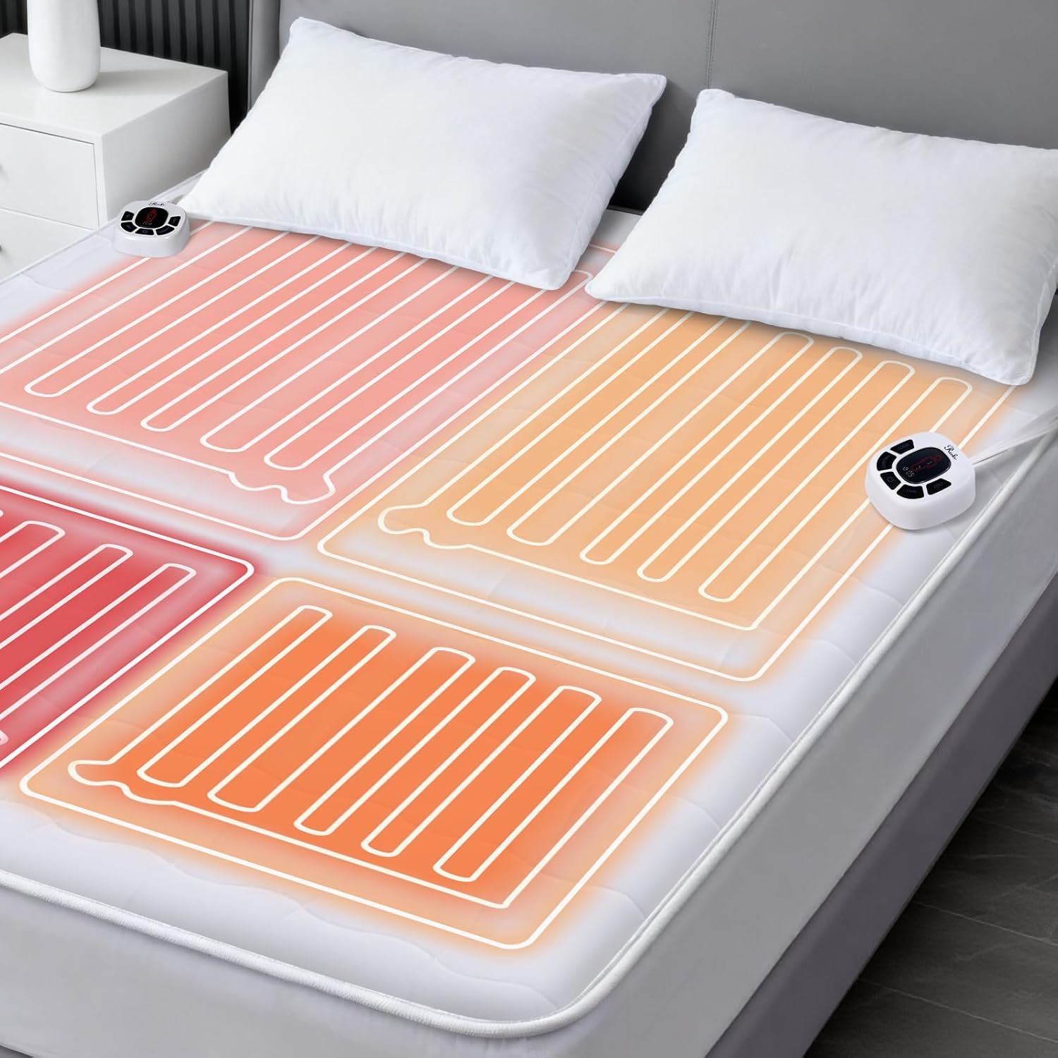 King Size Multi Zone Electric Heated Mattress Pad – Bed Warmer with Memory & Preheat Functions, 10 Heat Settings Dual Control for 1-12 Hours Auto Off, Lighted Button