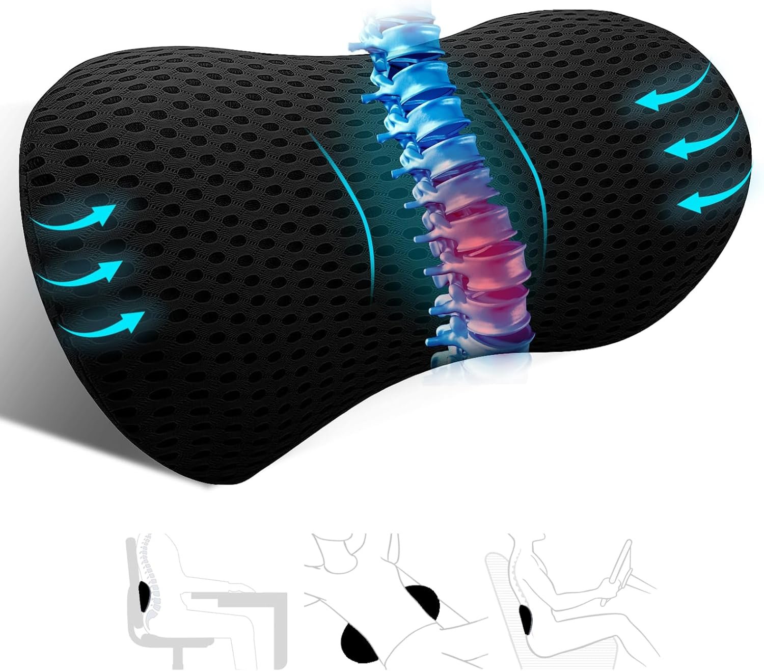 kasney Lumbar Support Pillow, Memory Foam Lumbar Pillow for Lower Back Pain Relief, Back Support Pillow for Office Chair, Car Seat – Black