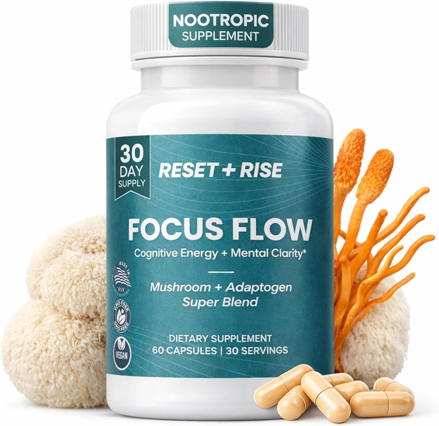 Nootropic Brain Supplement with Lion’s Mane Mushroom, Cordyceps & Rhodiola Rosea Extract – Focus and Energy Supplement, Adaptogen for Brain Health, Mental Clarity, Memory & Mood Support – 60 Capsules