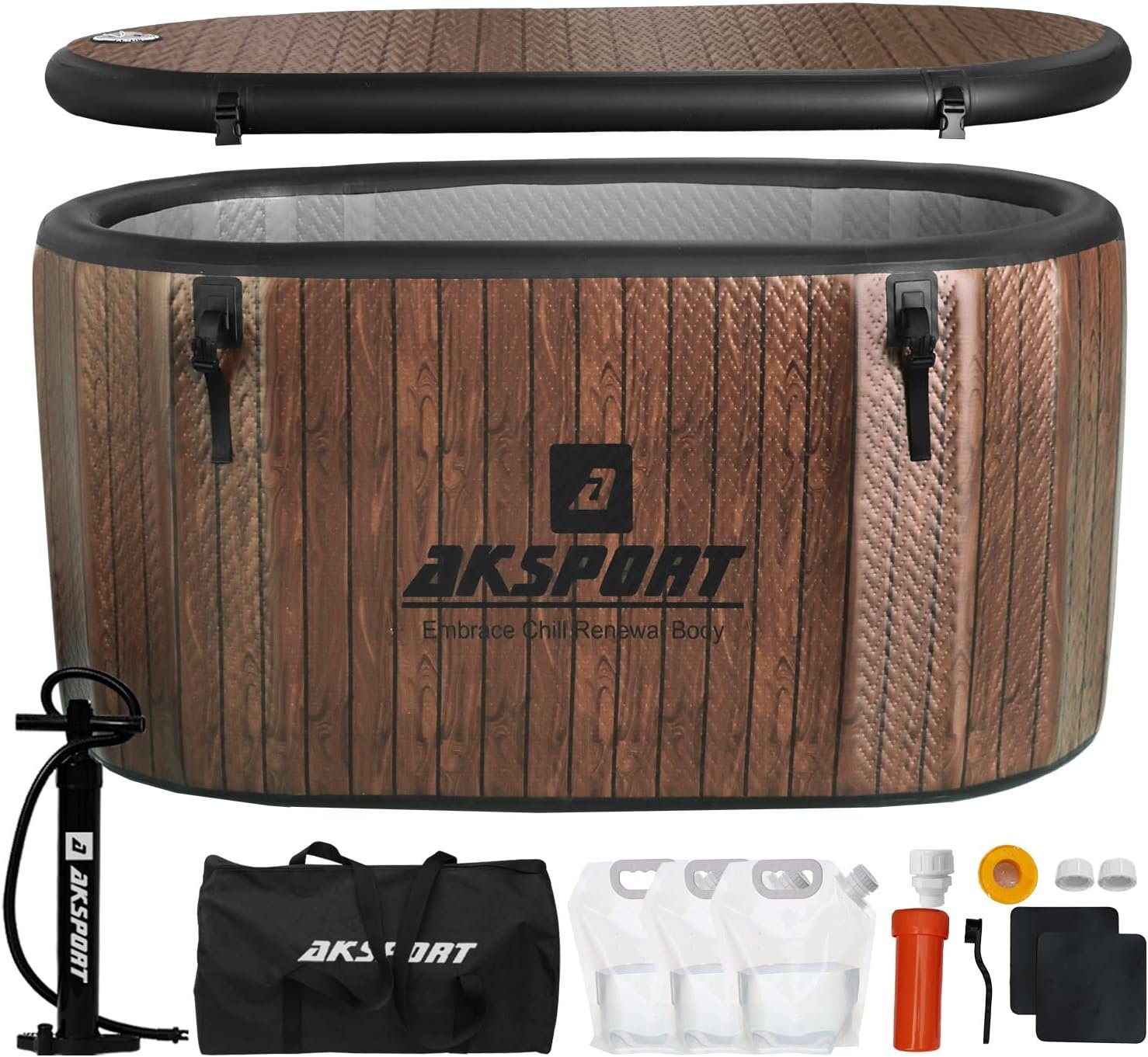 AKSPORT Ice Bath Tub for Athletes, 151 Gallons Inflatable Cold Plunge Tub Compatible with Water Chillers, Icebath for Recovery & Cold Water Therapy, Portable Bathtub for Indoor & Outdoor-Wood