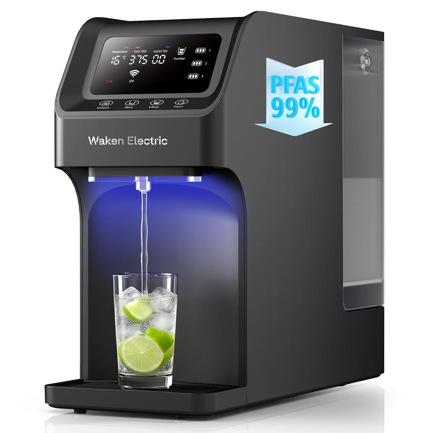 Waken Electric Reverse Osmosis Water Filter Countertop, UV Water Filtration System, 8-Stage RO Filtration Real Time TDS Display, BPA Free, PFAS, Lead & TDS Reduction (Obsidian Black)