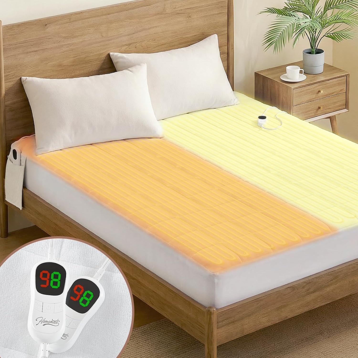 Homemate Heated Mattress Pad California King Size, 5 Heated Setting Coral Fleece Electric Mattress Pad King, Bed Warmer with Dual Controller & Auto Off 10 Hours, Fit Up to 21 Inch, 84″x72″