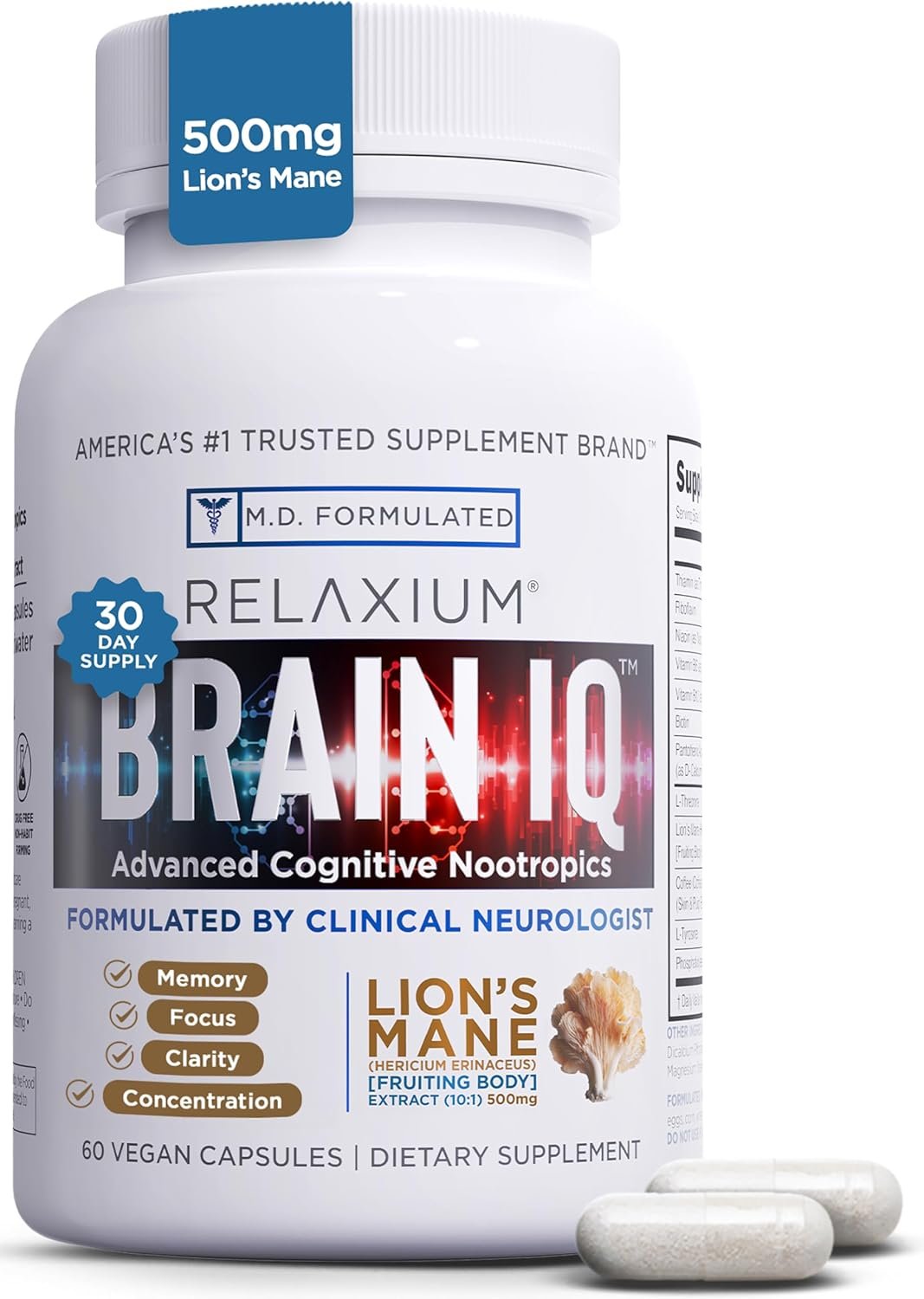 Relaxium BrainIQ Nootropic Brain Supplements | Memory Supplement for Brain Health | Cognitive Supplement & Memory Pill with Lion’s Mane | L-threonine & Coffee Extract – 60 Count