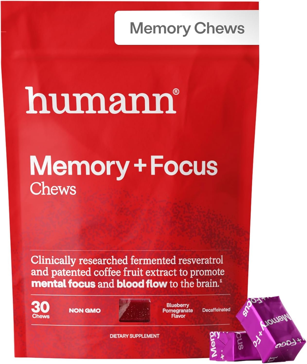 humanN Memory and Focus Chews, Brain Supplement for Mental Alertness with Beet Root Powder, Clinically Studied Nootropics, Resveratrol Plus Beet Root Powder, Blueberry Pomegranate Flavor, 30 Count