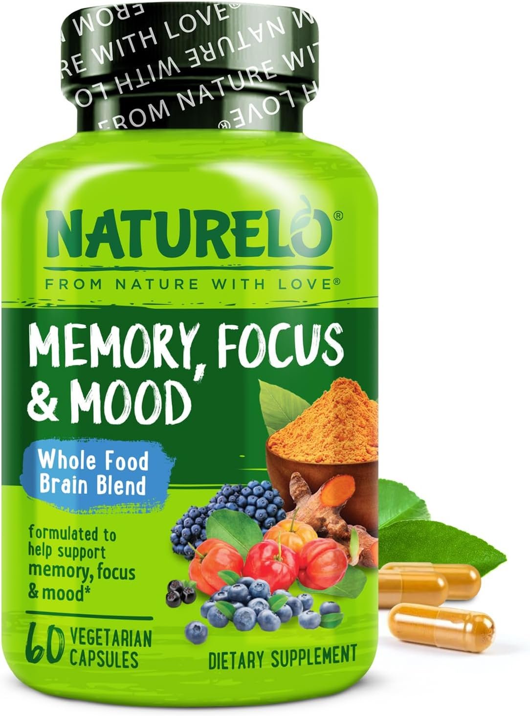 NATURELO Whole Food Brain Supplement – Brain Health Supplements for Memory & Focus Support – Enhance Brain Health Blend Supplement for Adults – 60 Vegetarian Capsules