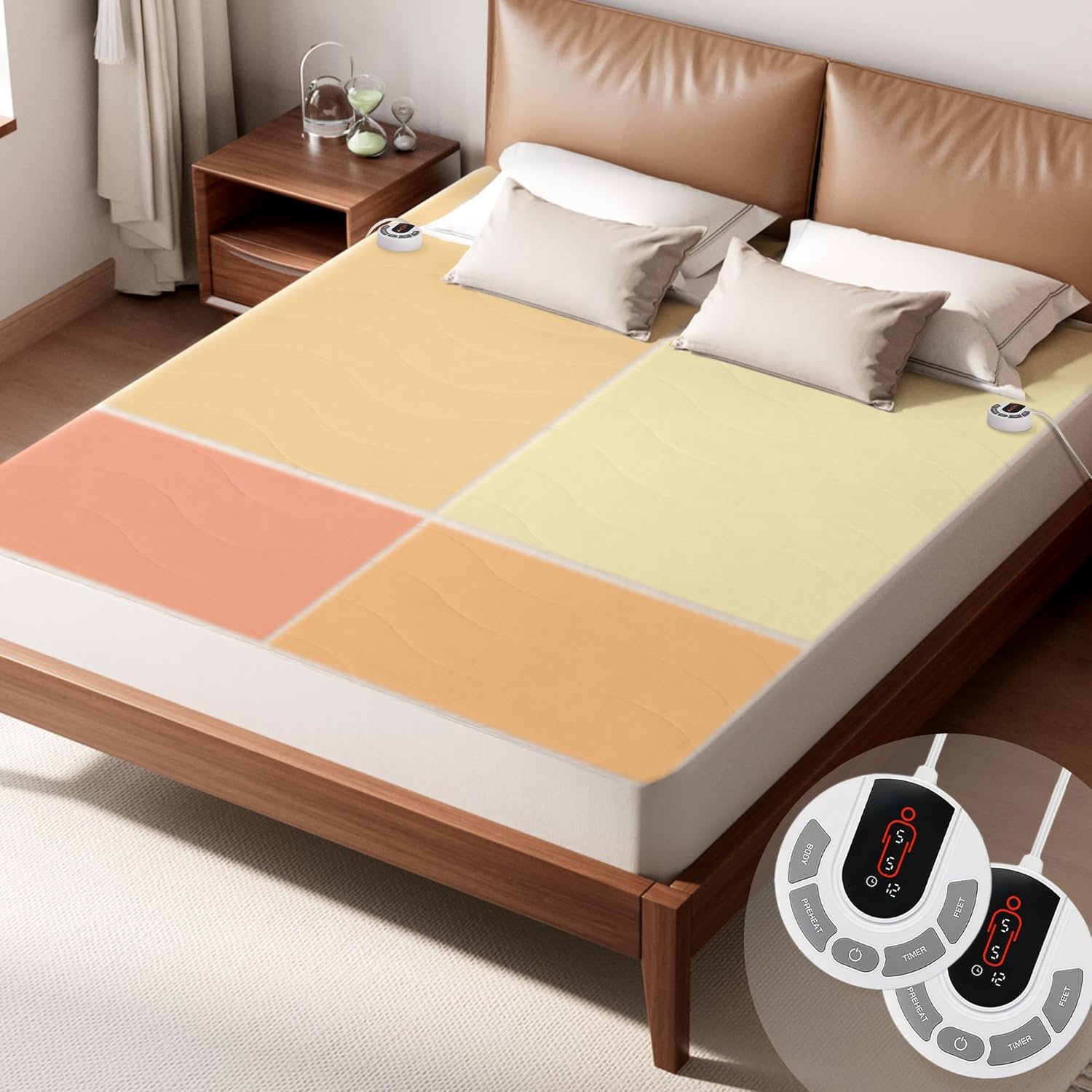GOTCOZY Multi-Zone Heated Mattress Pad King Size – Electric Mattress Pad Fit up to 15″ with 10 Heat Setting & 12 Hour Auto Off, Independent Body & Feet Heating, Machine Washable（Bleach）