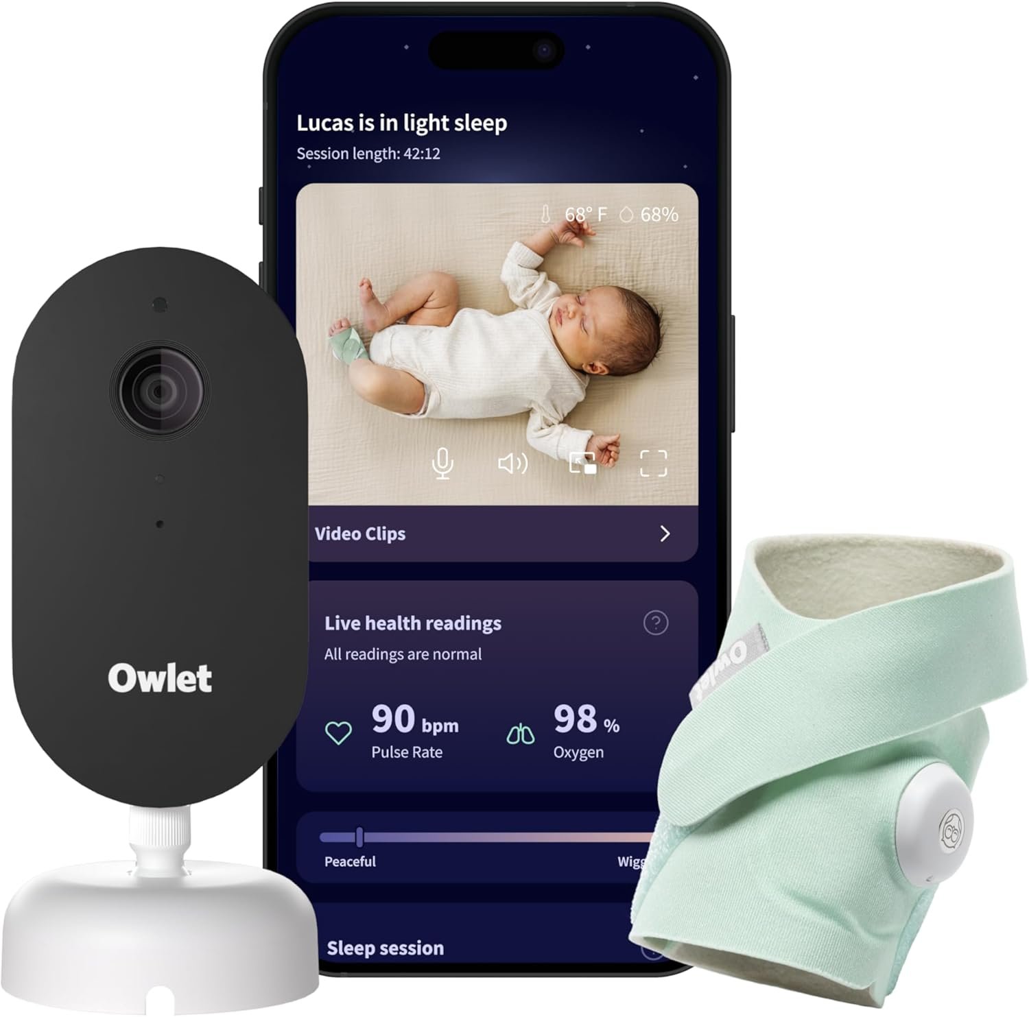 Owlet Dream Duo (Gen 3) Smart Baby Monitor All-in-One Bundle – 2K HD Video Baby Monitor with Alerts & Owlet Dream Sock Tracks Baby’s Oxygen, Heart Rate & Sleep | Health Insights via App