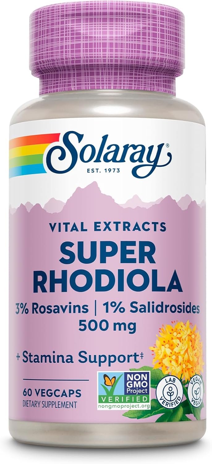 Solaray Super Rhodiola 500mg – Rhodiola Rosea Root Extract Supplement, Adaptogenic Herb Support for Focus, Stress, and Energy, Vegan Pills, Non-GMO – 60 Vegetarian Capsules