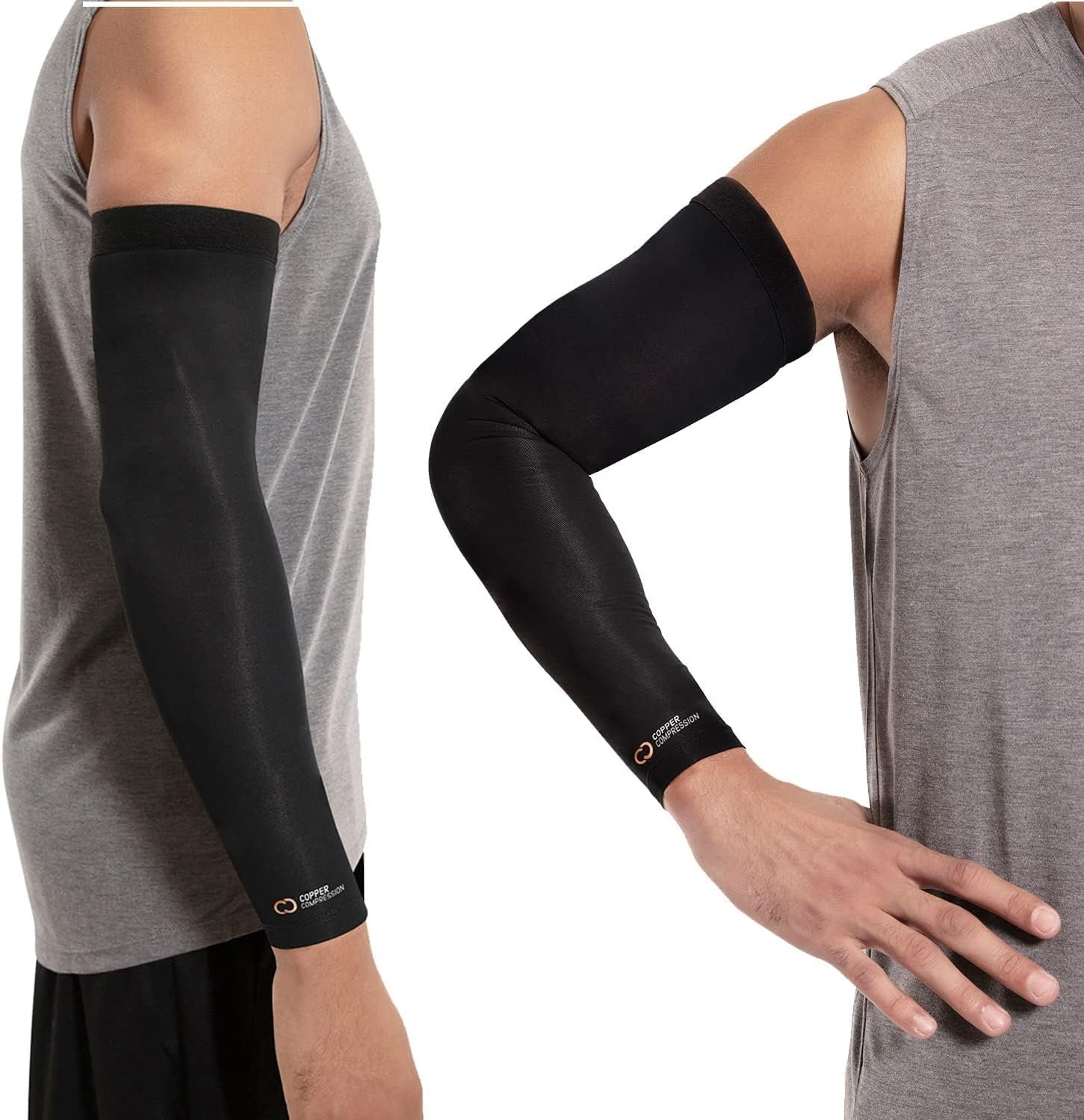 Copper Compression Arm Sleeve – Copper Infused Full Arm Brace for Forearm, Bicep, Triceps – Tennis Elbow, Basketball, Golf, Arthritis, Tendonitis, Bursitis, Post Surgery Rehab – Odor Resistant – Black – L