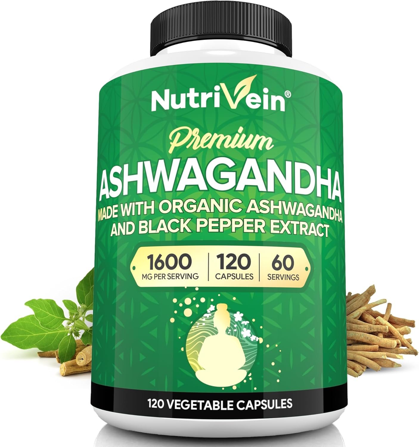 Nutrivein Ashwagandha for Men & Women – 1600mg – Enhanced with Black Pepper – High-Absorption Root Powder Ashwagandha Supplements for Mood Balance, Restful Sleep, & Focus – 120 Vegan Capsules