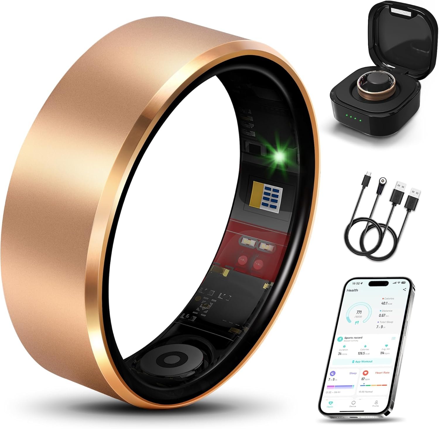 Smart Health Ring 2.0 for Women Men, Slim Scratch & Fingerprint Resistant Design, Efficient Chip Fitness Tracker, Monitors Heart, Blood Oxygen & Pressure, Rose Gold 7#