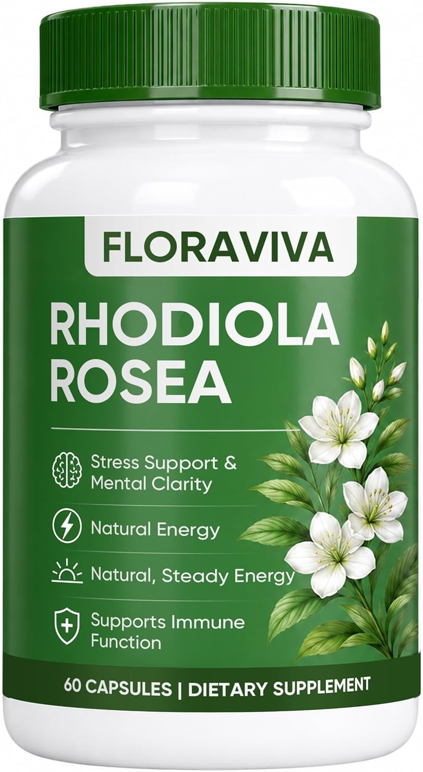 Floraviva Rhodiola Rosea Capsules, Natural Adaptogenic Herb, 500mg Organic Rhodiola Rosea Extract Supplement for Stress Support, Balance Energy, Immune Function, Non-GMO, 60 Vegan Capsules