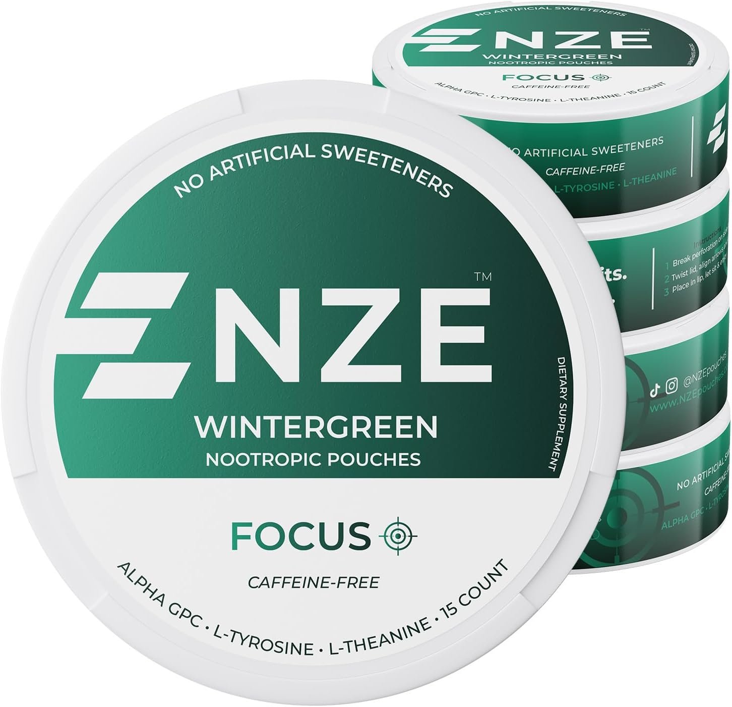 NZE Caffeine Free Nootropic Pouches (Wintergreen) – Nootropic Pouches with Alpha GPC, L-Tyrosine & L-Theanine – No Sugar or Artificial Sweeteners – 15 Pouches Per Can – 5 Pack