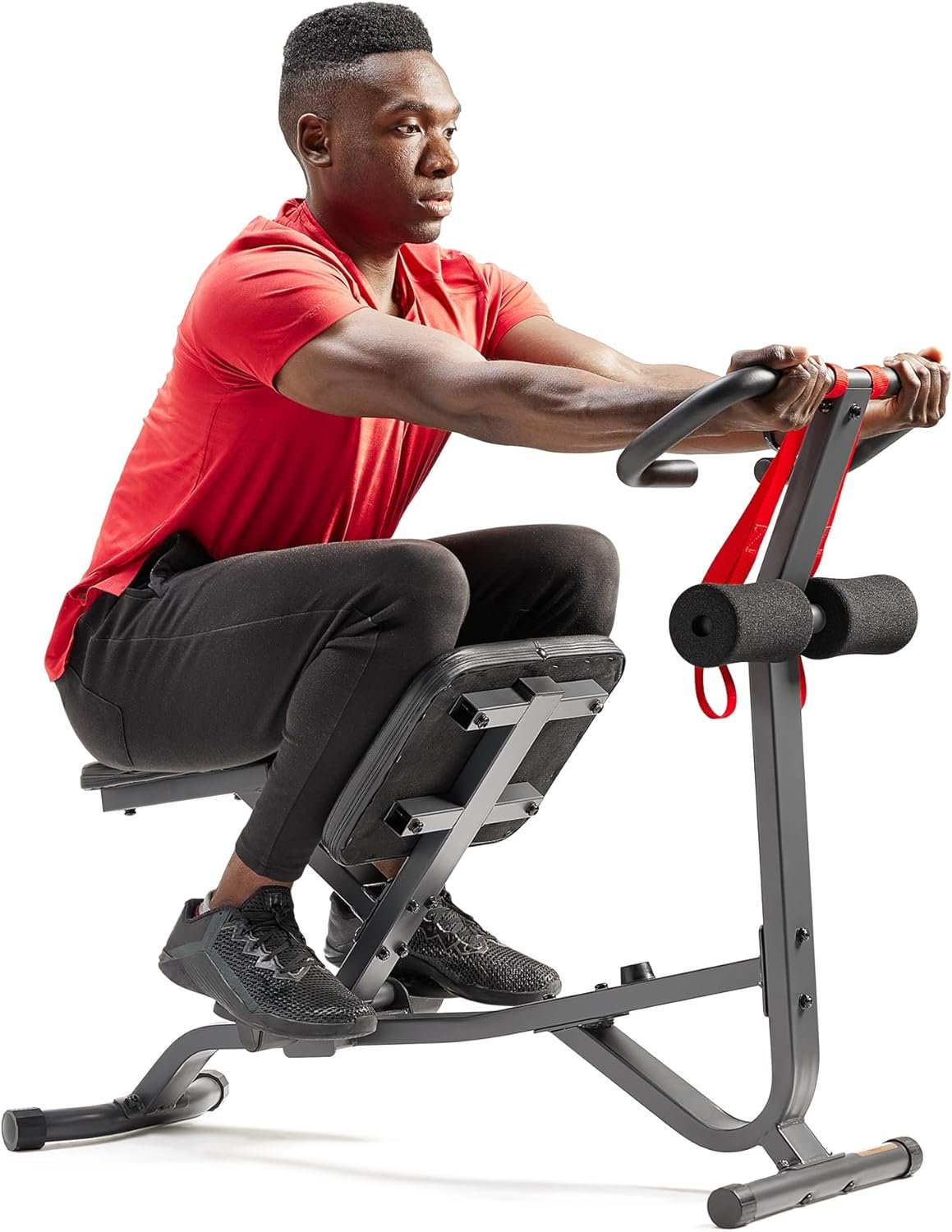 Sunny Health & Fitness Full Body Stretch Machine for Home Gym, Back Stretcher & Flexibility Trainer with Pivoting Seat, Foam Rollers, Safety Straps, Handlebar & SunnyFit App