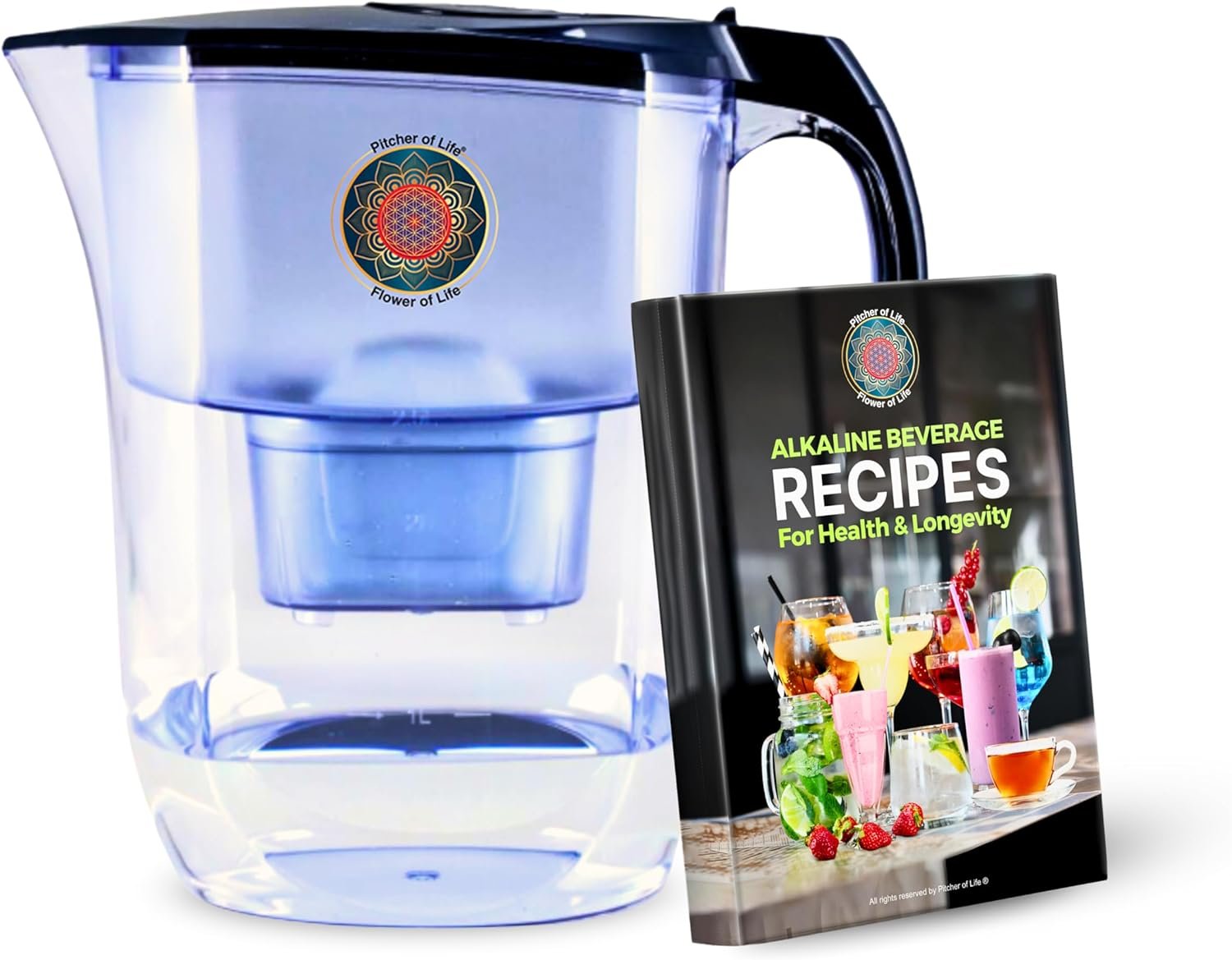 Pitcher of Life Alkaline Water Filter System + 119 Alkaline Beverages Recipe Book | pH 8.5-9.5 | Removes 99% Lead Chlorine | Adds Minerals | 2-Month Filters | NSF Certified