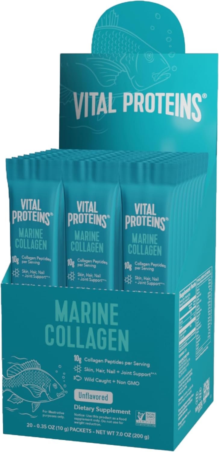 Vital Proteins Marine Collagen, Wild-Caught, Non-GMO Project Verified, Unflavored Stick Packs (10g) (Box of 20)