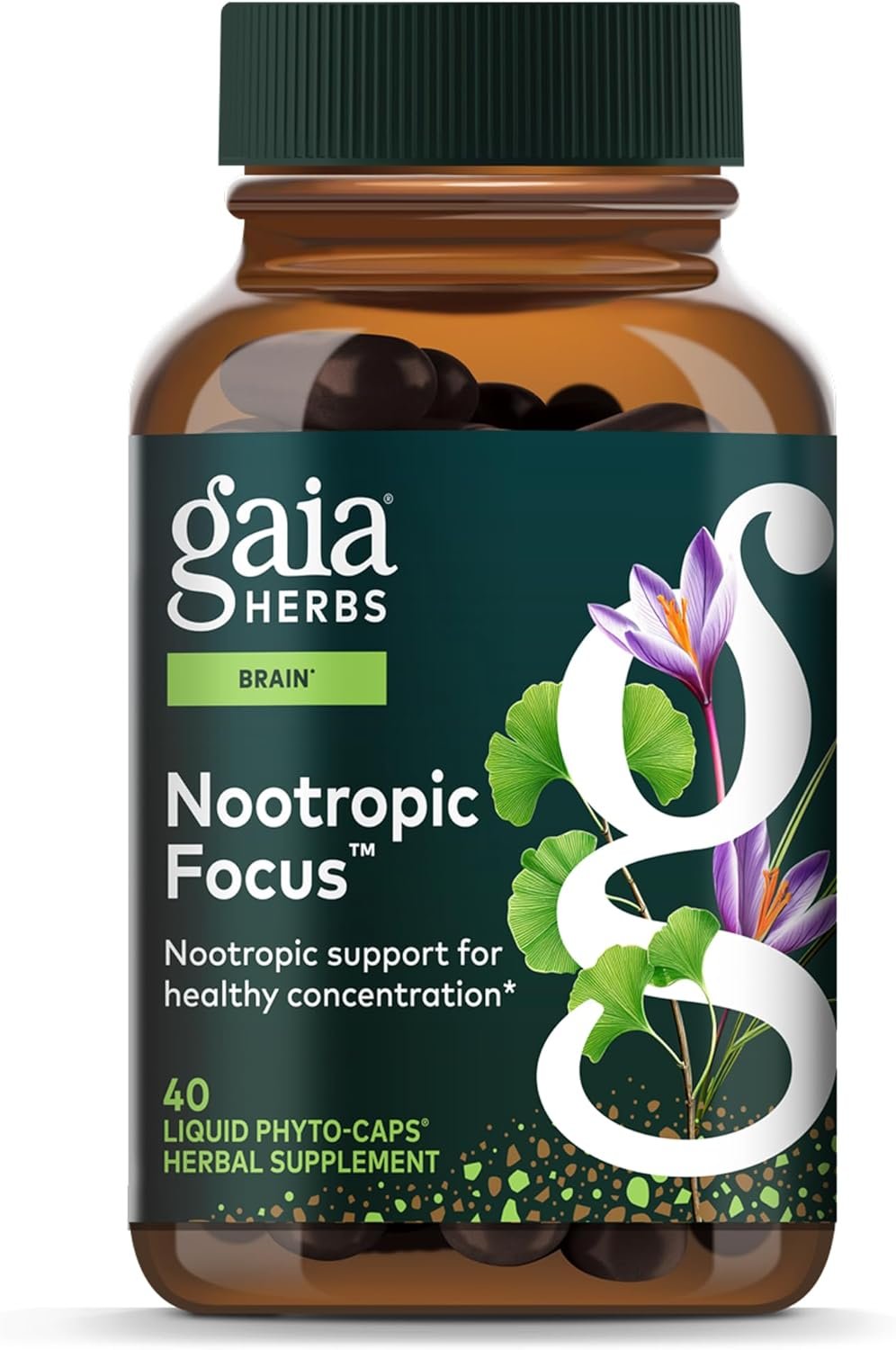 Gaia Herbs Nootropic Focus – Brain & Cognitive Support Supplement to Help Maintain Healthy Concentration* – with Saffron, Lemon Balm & Spearmint – 40 Liquid Phyto-Capsules (20 Servings)