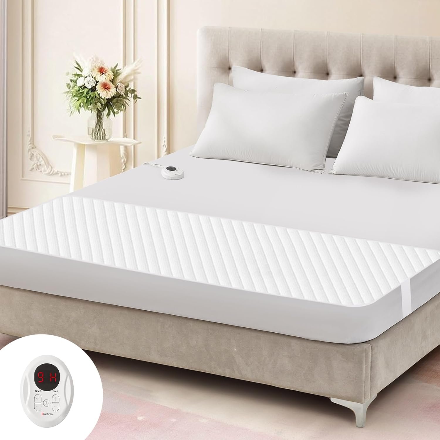 Bwarm Waterproof Heated Mattress Pad, ETL Certified Bed Warmer with 9 Heat Settings, 1-12 Hours Auto Off Deep Pocket, Machine Washable, White Foot King 78″ W x 24″ L