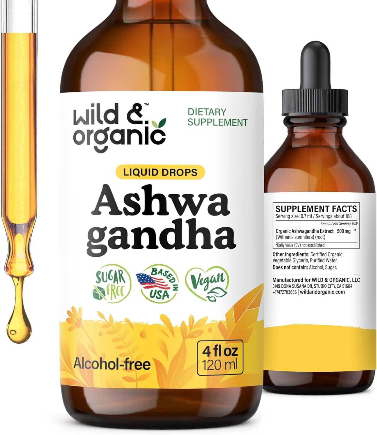 Wild & Organic Ashwagandha Drops – Mood Support & Positive Energy – 500 mg Ashwagandha for Women & Men – Add to Tea Liquid Extract for Relaxation – Non-GMO, Sugar & Alcohol-Free Tincture – 4 fl oz