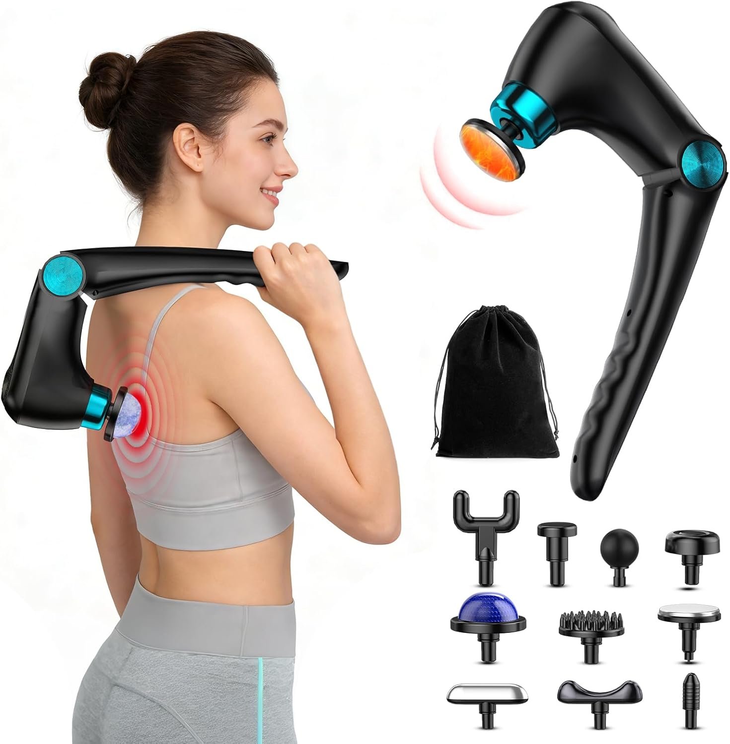 Back Massager with Heat & Cold, Fathers Day Dad Gifts Foldable Deep Tissue Neck Back Muscle Massager for Pain Relief,Handheld Percussion Muscle Massager,9 Speeds,10 Heads