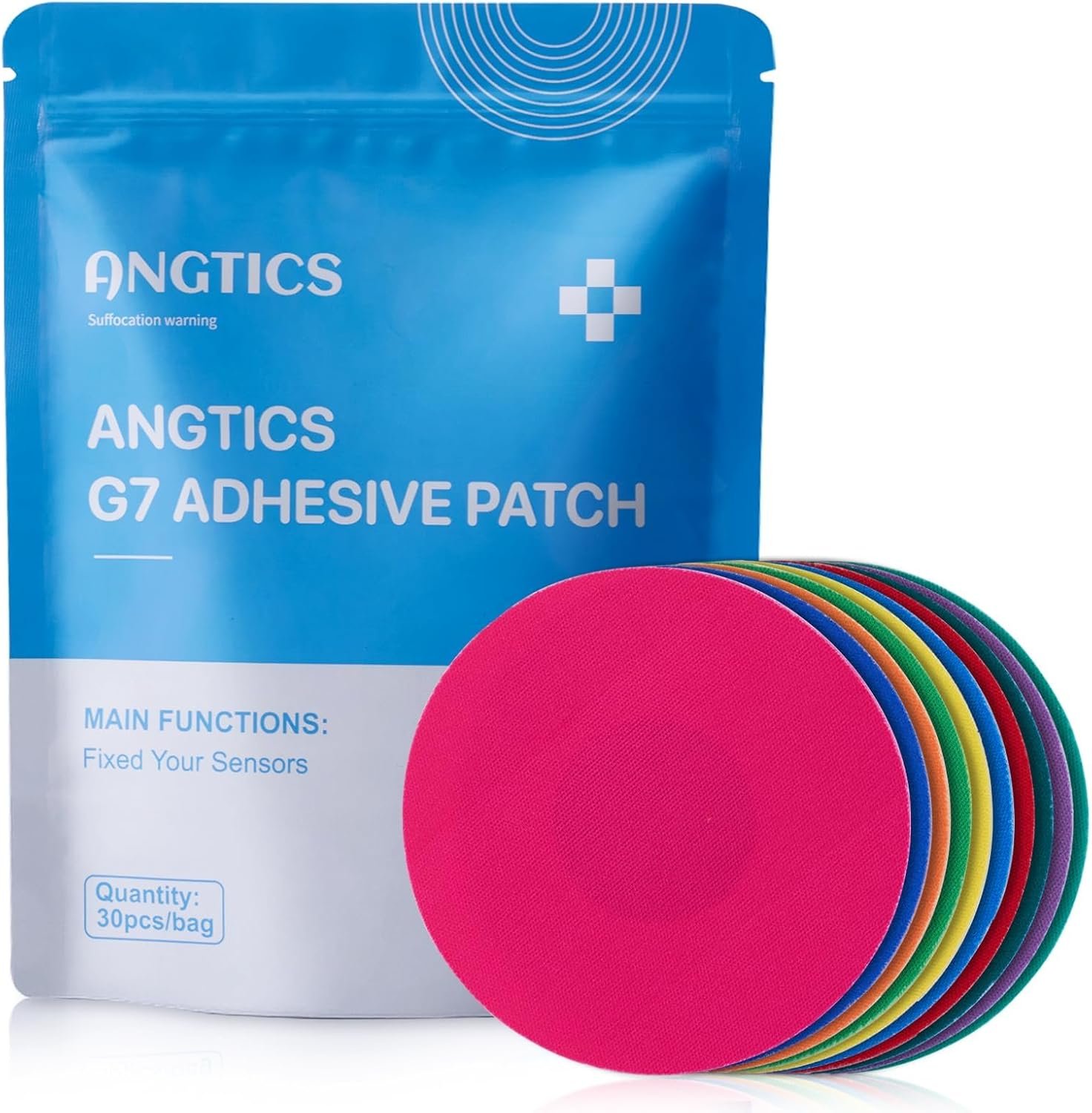 ANGTICS Dexcom G7 Adhesive Patches 30PCS, Waterproof & High Viscosity Over Patches, Stelo Full Covers CGM Bandage, 10+ Days Long Stay, Breathable, Latex-Free, Sensor is NOT Included (Multicolor)
