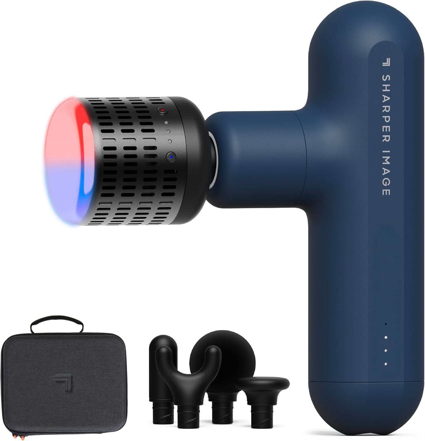 Sharper Image Deep Tissue Percussion Massage Gun, Powerboost Move Evo Hot & Cold Rechargeable Handheld Massager, 4 Adjustable Speeds, 5 Attachment Heads & Carrying Case, for Muscle Pain Relief, Blue