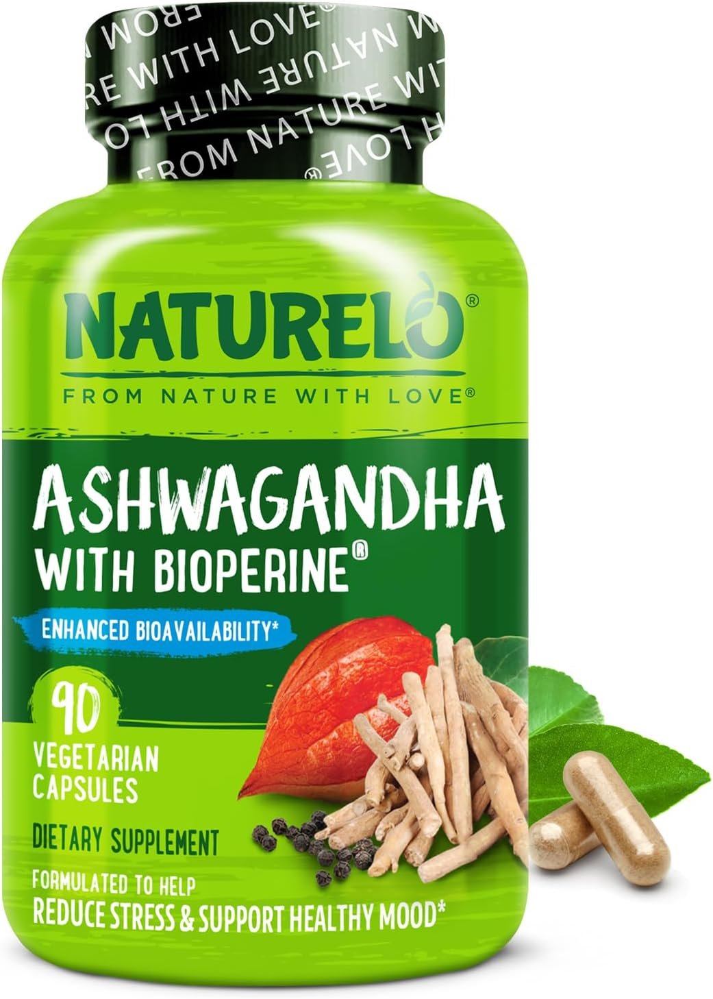 NATURELO Ashwagandha Organic Root Powder – Natural Herbs Supplement for Fatigue, Stress Relief, Mood Enhancer – with Black Pepper Extract – 90 Vegan Capsules