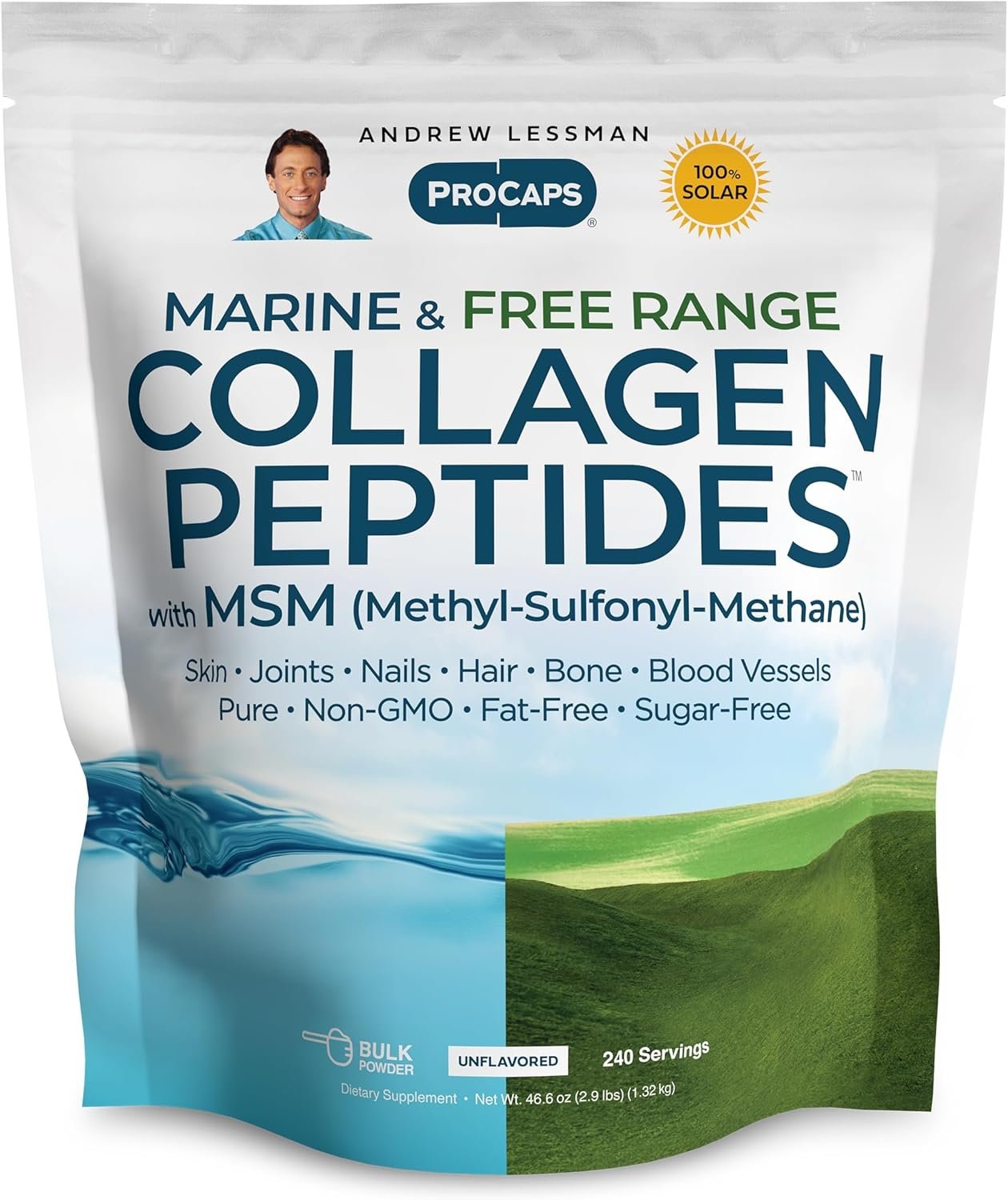 ANDREW LESSMAN Marine, Free Range Collagen Peptides Powder and MSM 240 Servings – Supports Radiant Smooth Soft Skin, Comfortable Joints. Super Soluble No Fishy Flavor No Additives Non-GMO