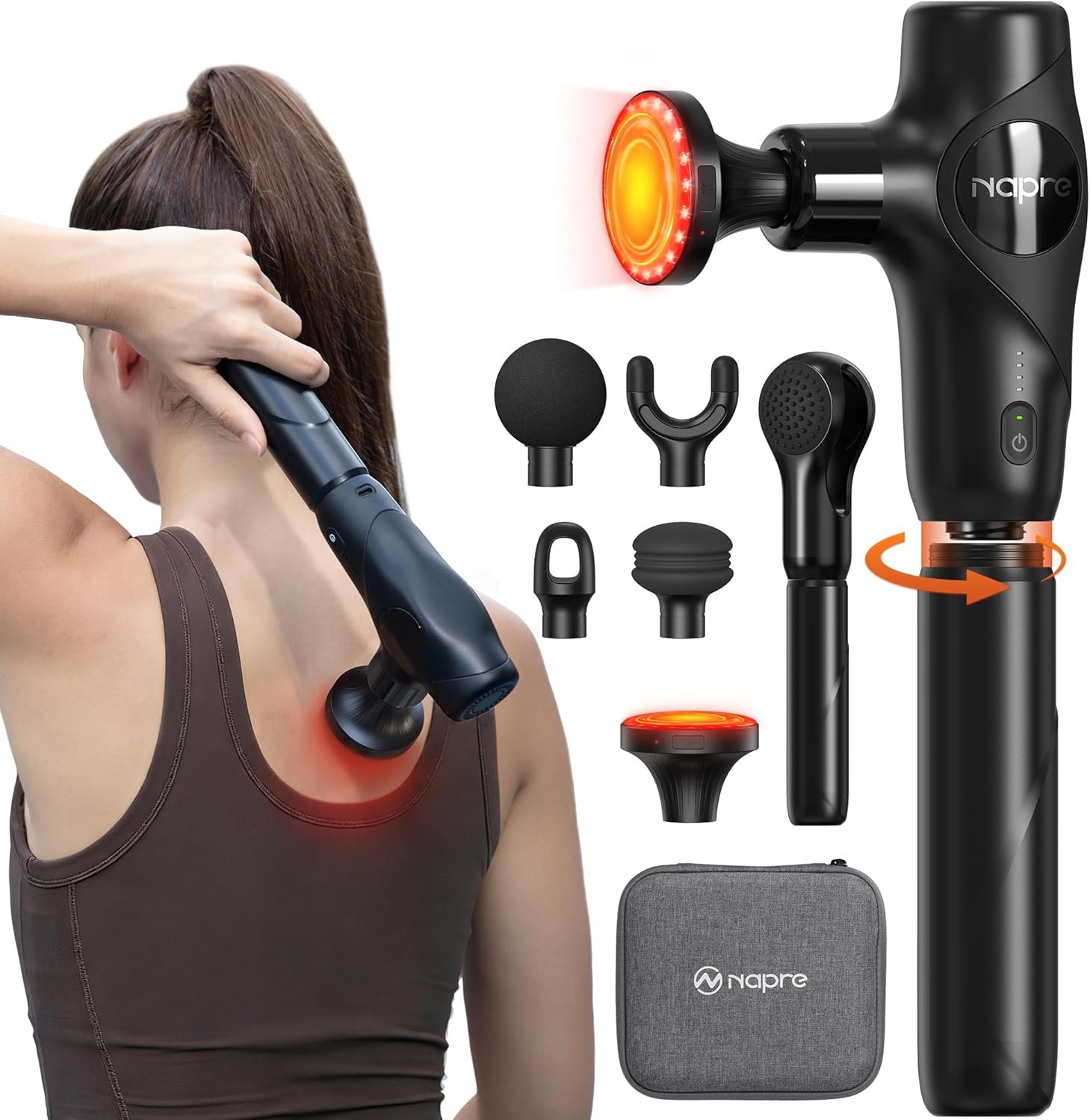 NAPRE 3-in-1 Detachable Massage Gun with Heat,Mini Massage Gun Deep Tissue with Extension Handle,Portable Handheld Percussion Muscle Massager for Back/Neck/Body,Small & Quiet,5 Heads,with Case