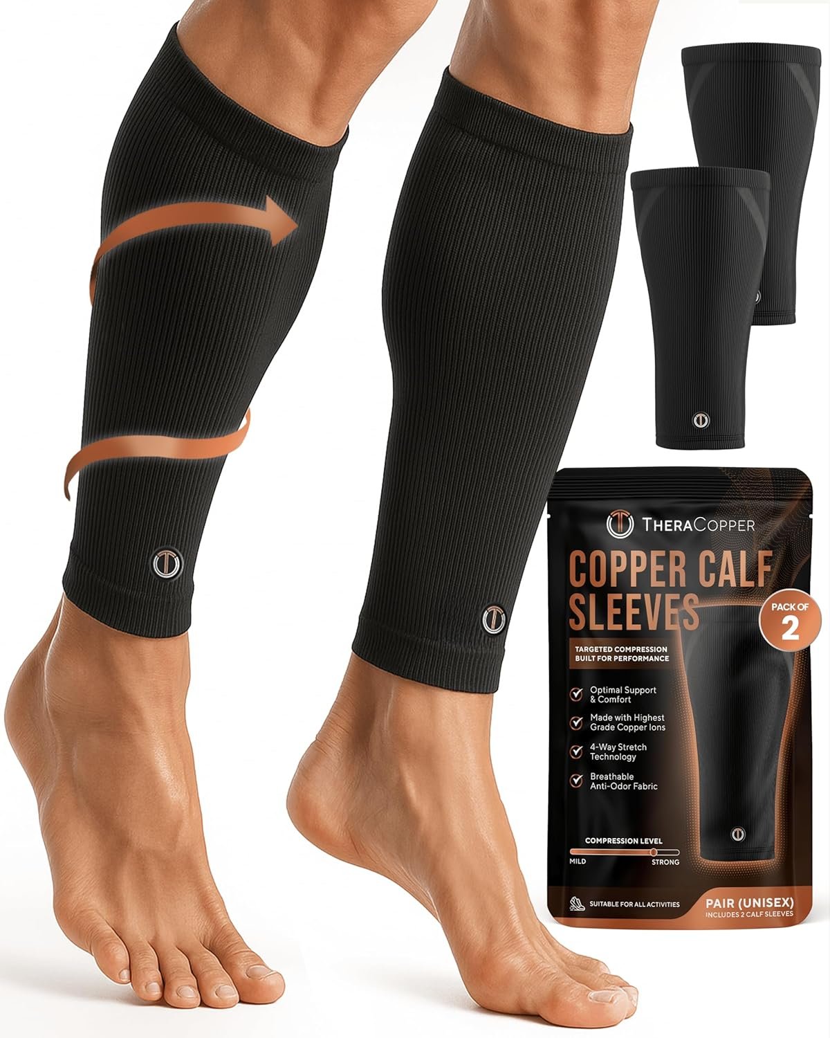 TheraCopper Copper Calf Compression Sleeve — Premium Copper Compression Shin Sleeve for Men & Women — Breathable & Non-Slip Leg Sleeves for Runners, Shin Splints, Muscle Recovery & Leg Fatigue (Medium)