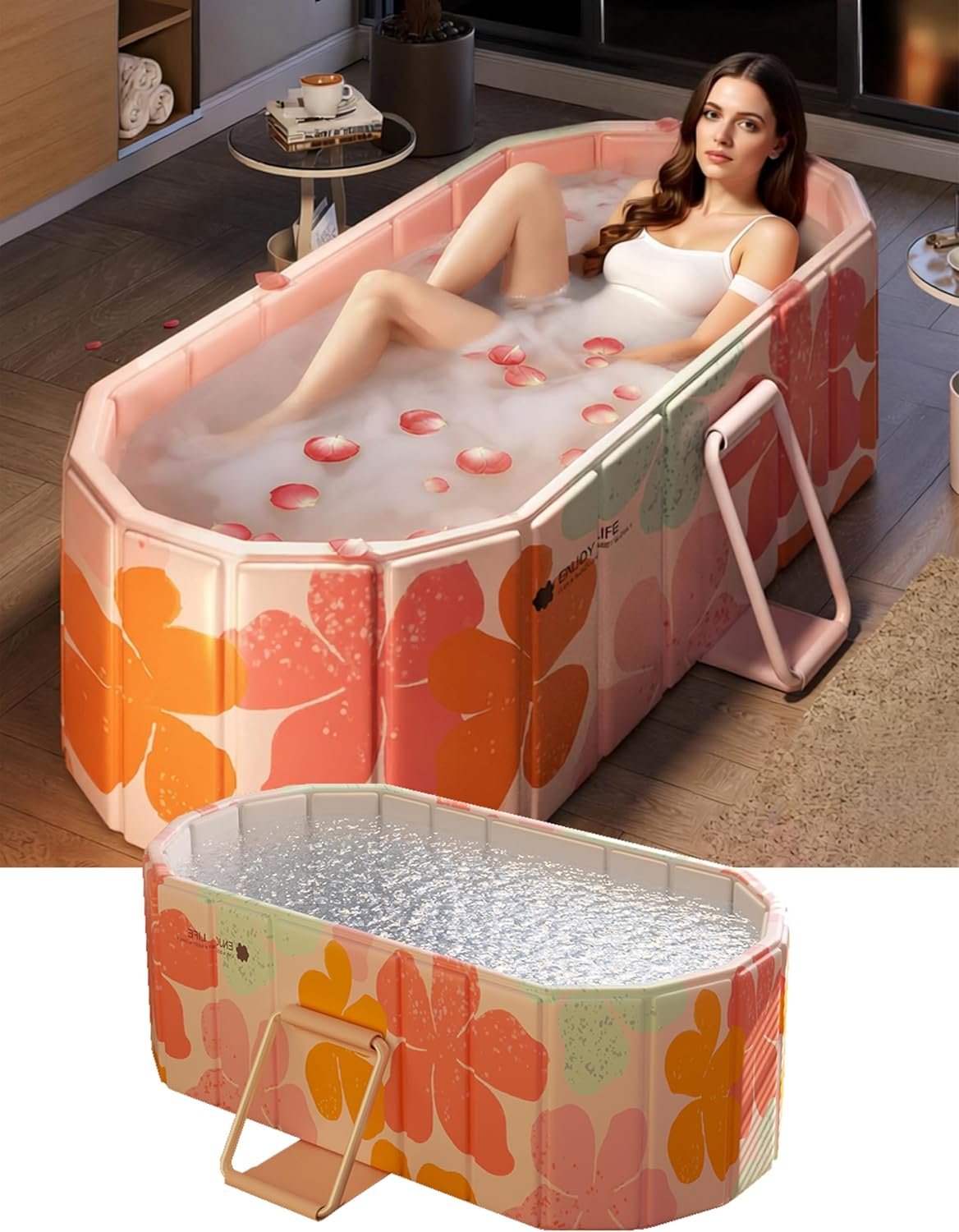 Portable Bathtub Ice Bath Tub – Foldable Collapsible Bathtub for Adult Shower Bathroom Hot SPA Soaking Cold Plunge Tub Freestanding Bathtub 47″Lx22″Wx20″H Pink