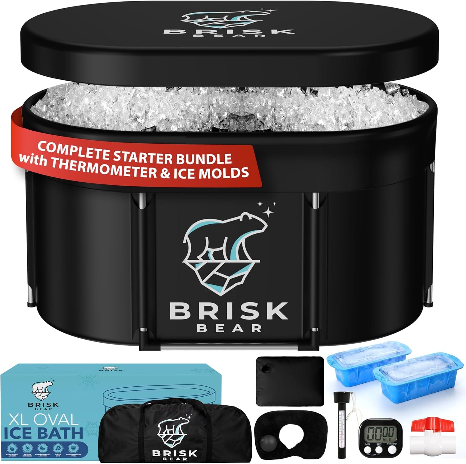 XL Oval Ice Bath Tub for Athletes with Cover by Brisk Bear – Extra Large Cold Plunge Tub for Recovery – Ice Tub with Digital Timer, Thermometer & Reusable Ice Molds – Cold Plunge to Soothe Muscles